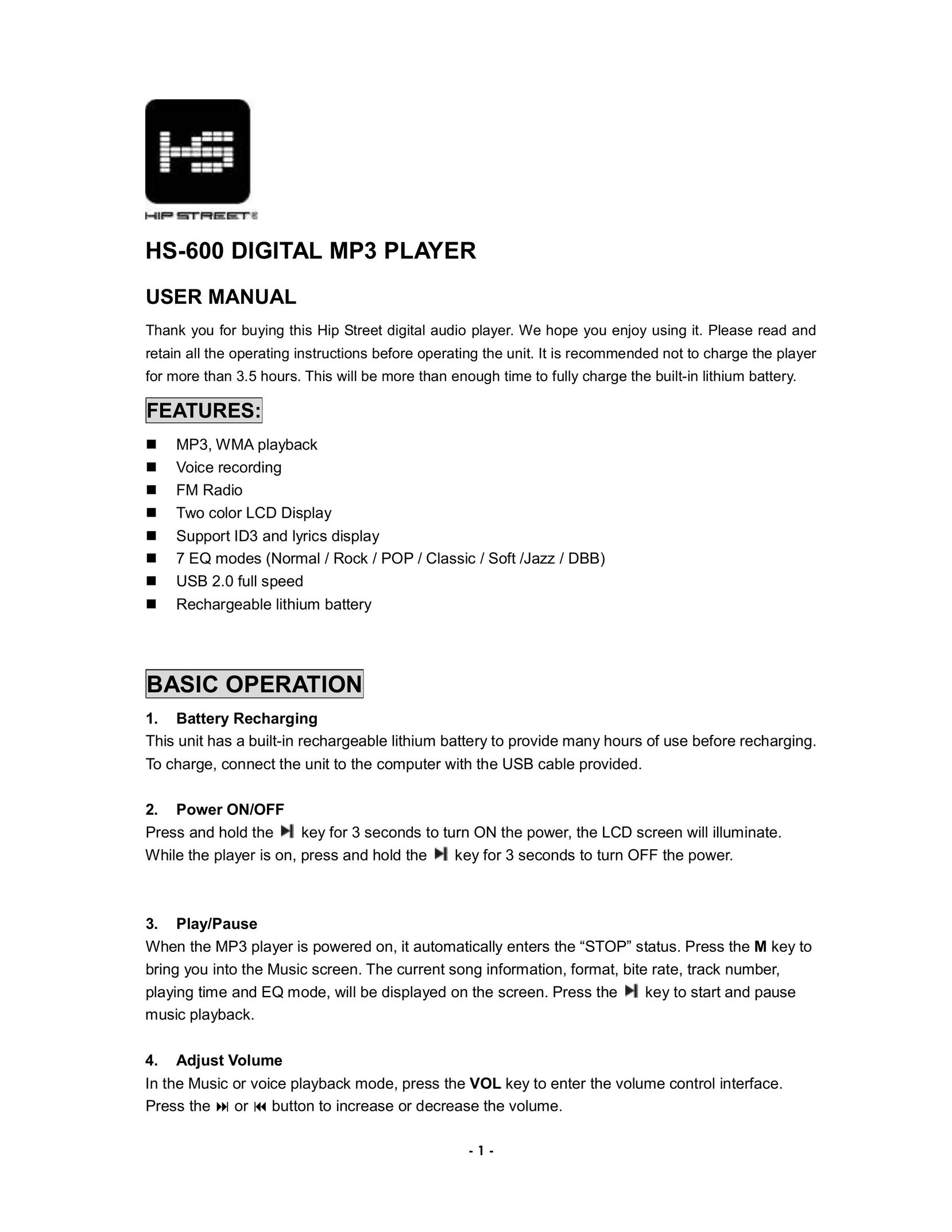 Hip Street HS-600 MP3 Player User Manual