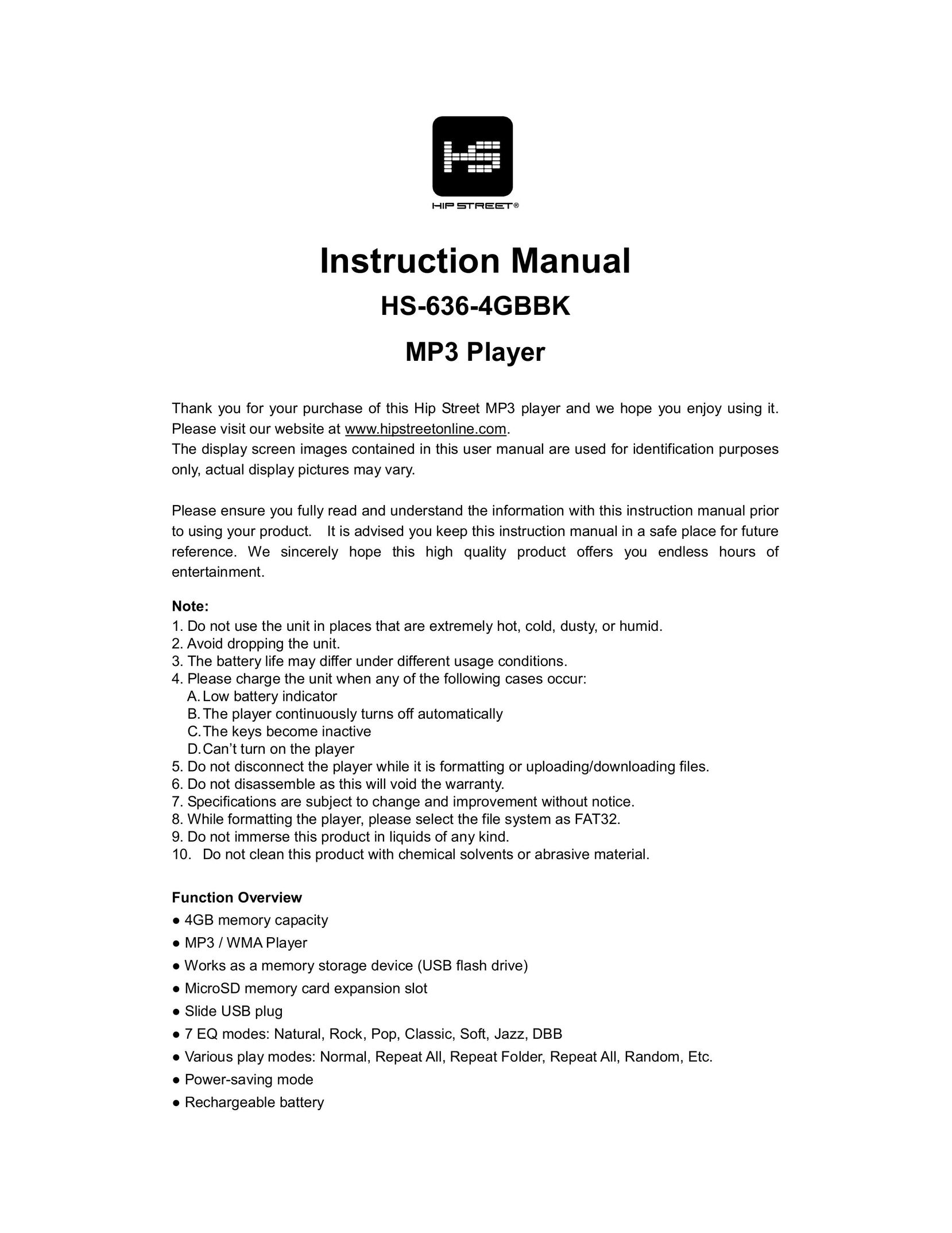 Hip Street HS-636-4GBBK MP3 Player User Manual