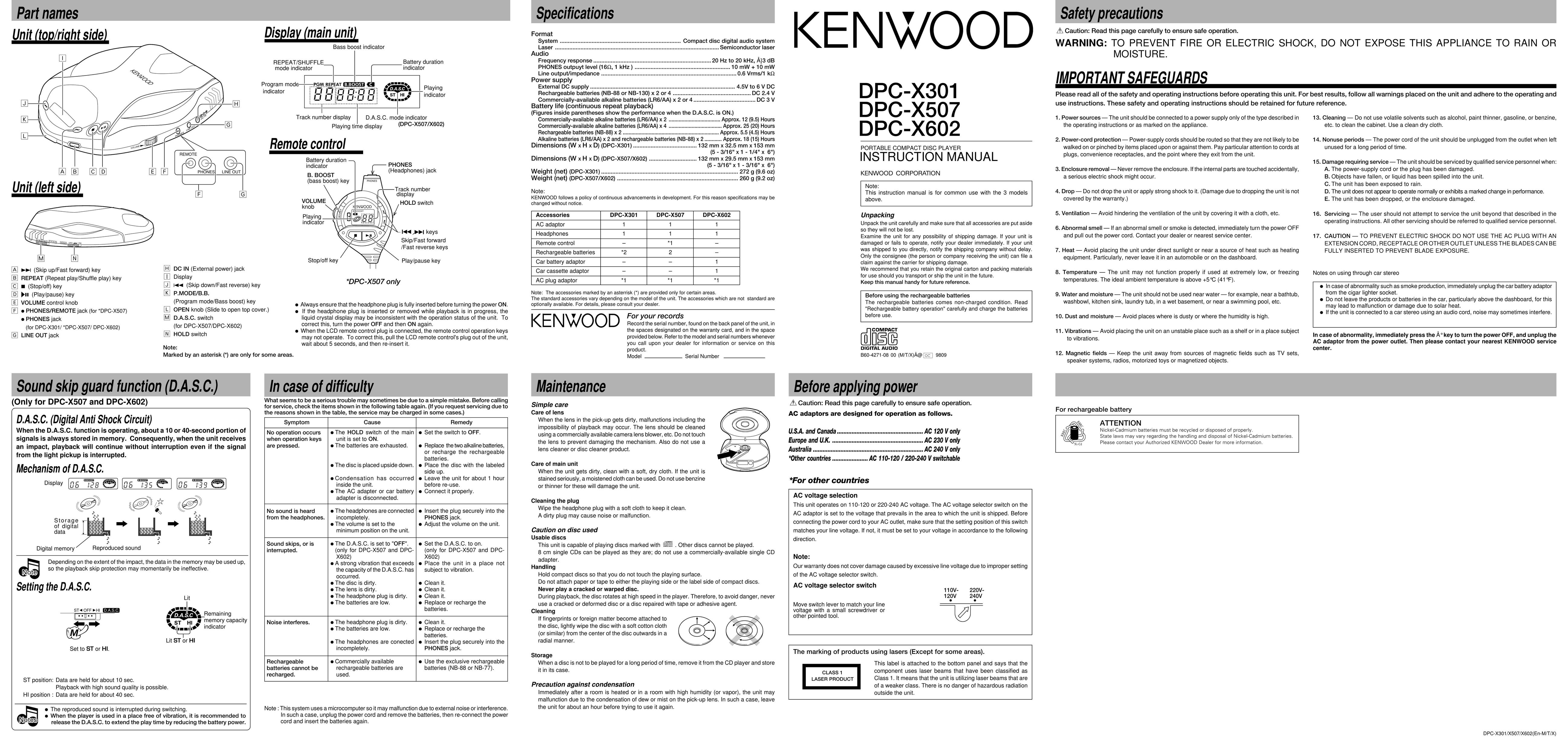 Kenwood DPC-X507 MP3 Player User Manual