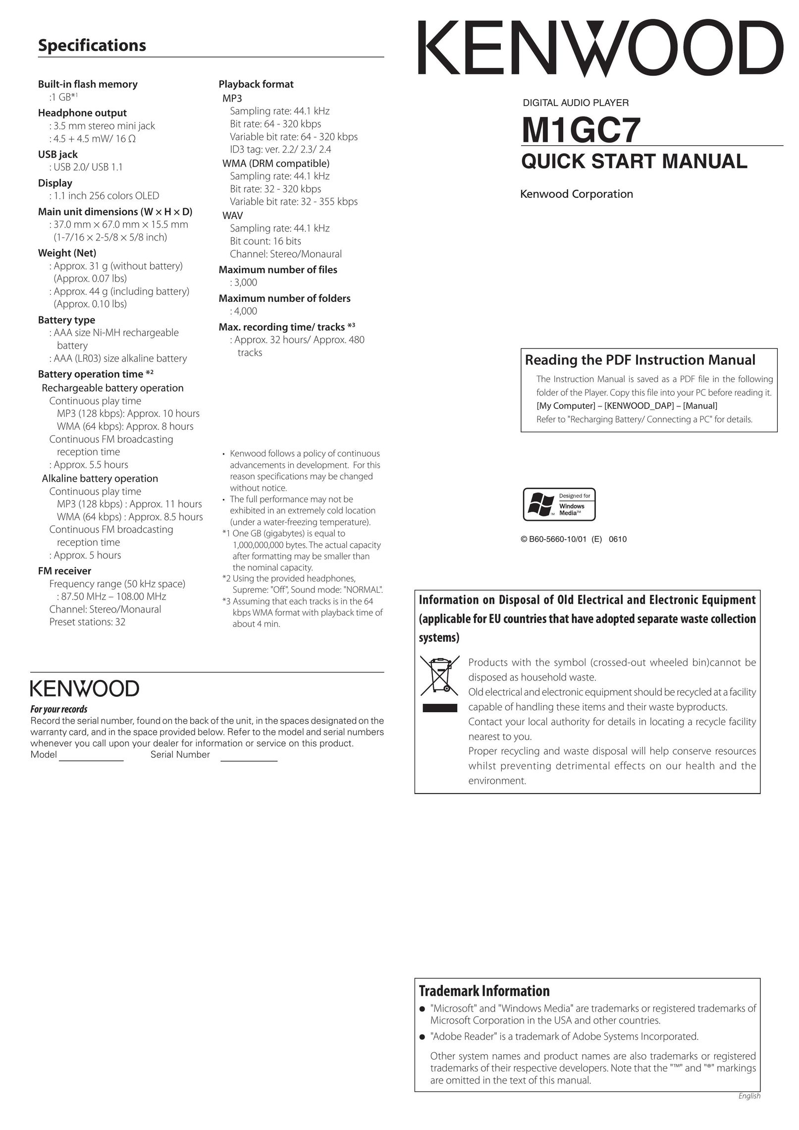Kenwood M1GC7 MP3 Player User Manual