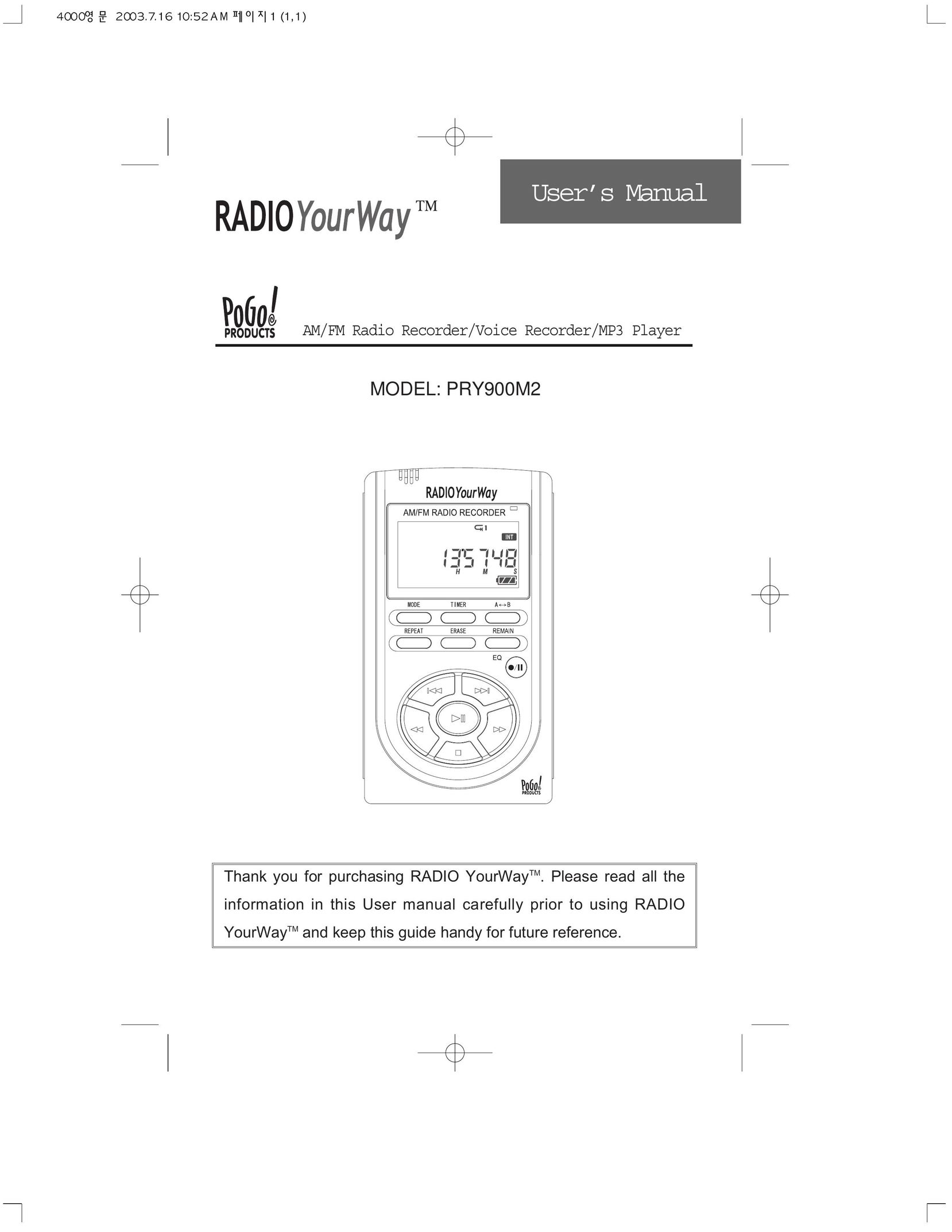 PoGo Products PRY900M2 MP3 Player User Manual