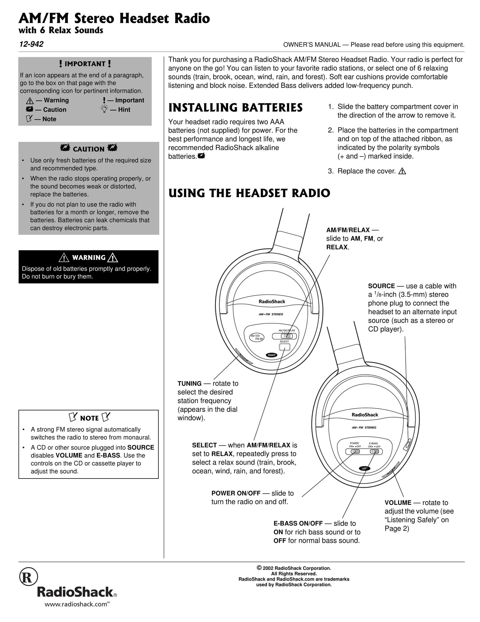 Radio Shack 12-942 MP3 Player User Manual