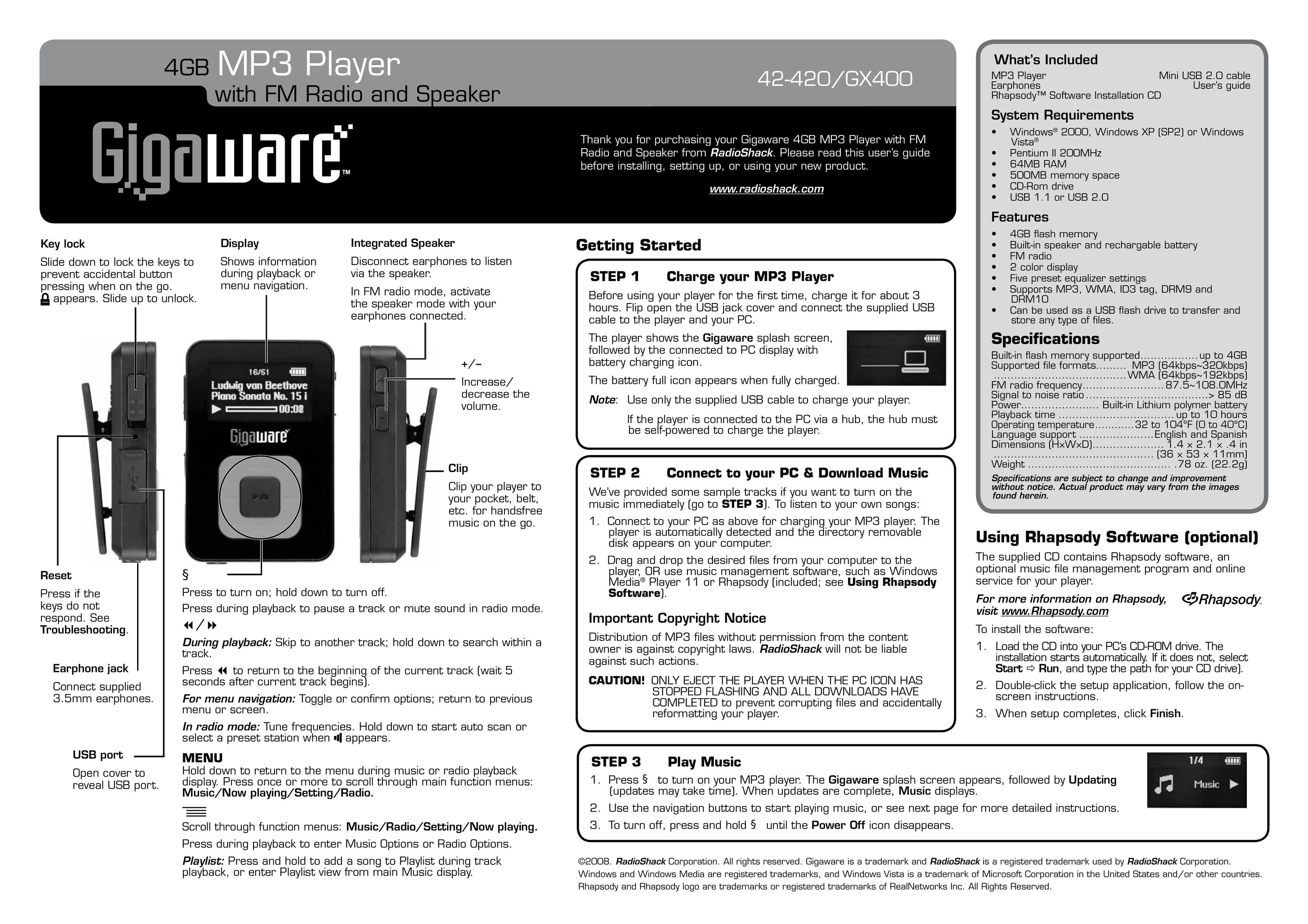 Radio Shack GX400 MP3 Player User Manual