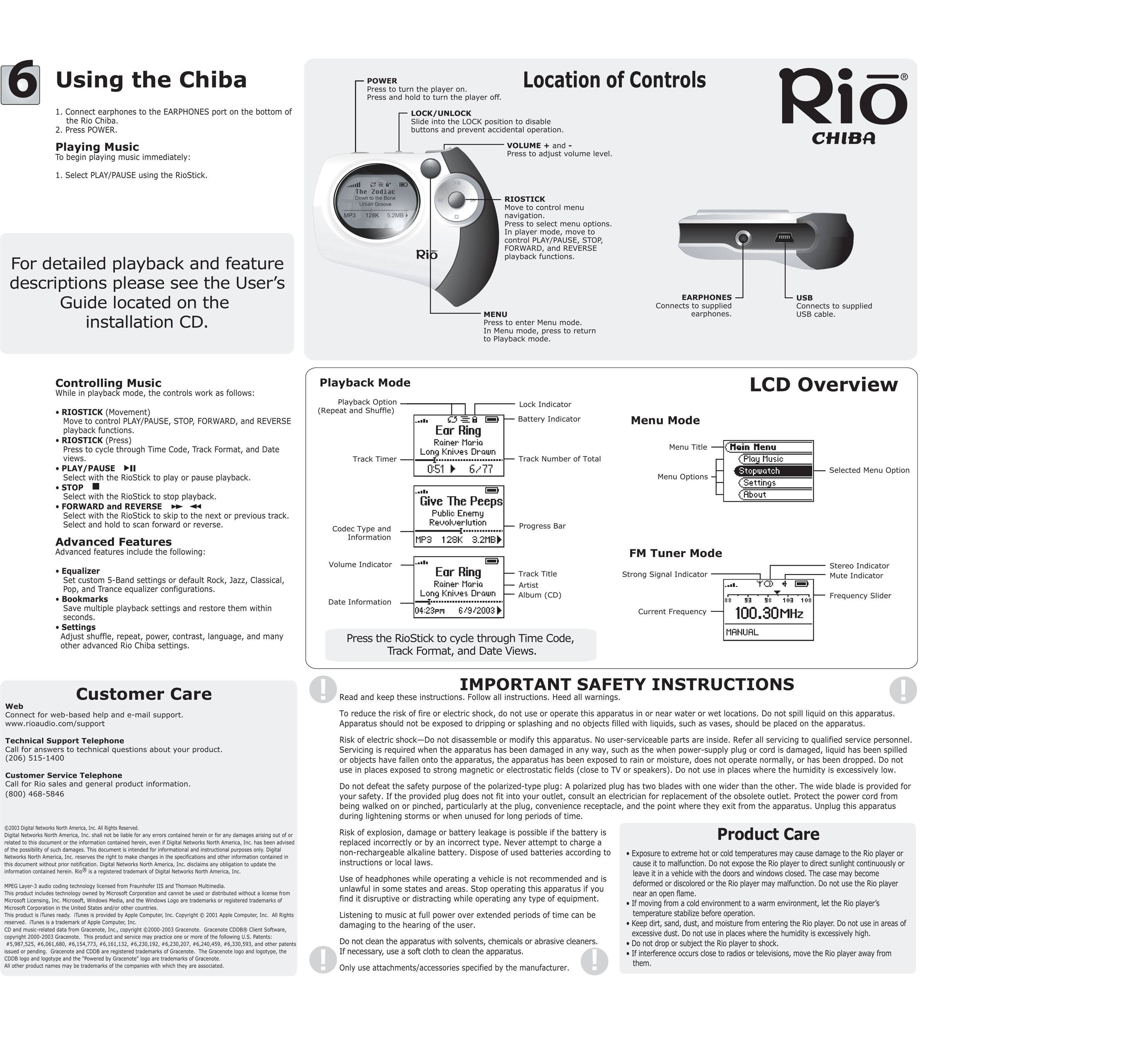 Rio Audio Mp3 Player Model Chiba MP3 Player User Manual