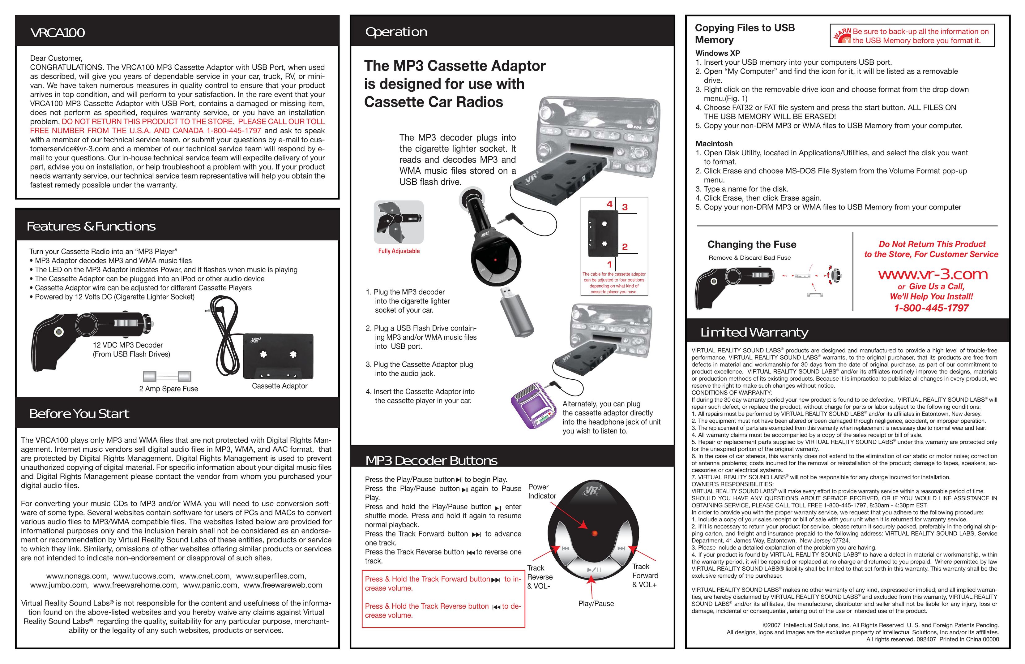 Roadmaster VRCA100 MP3 Player User Manual