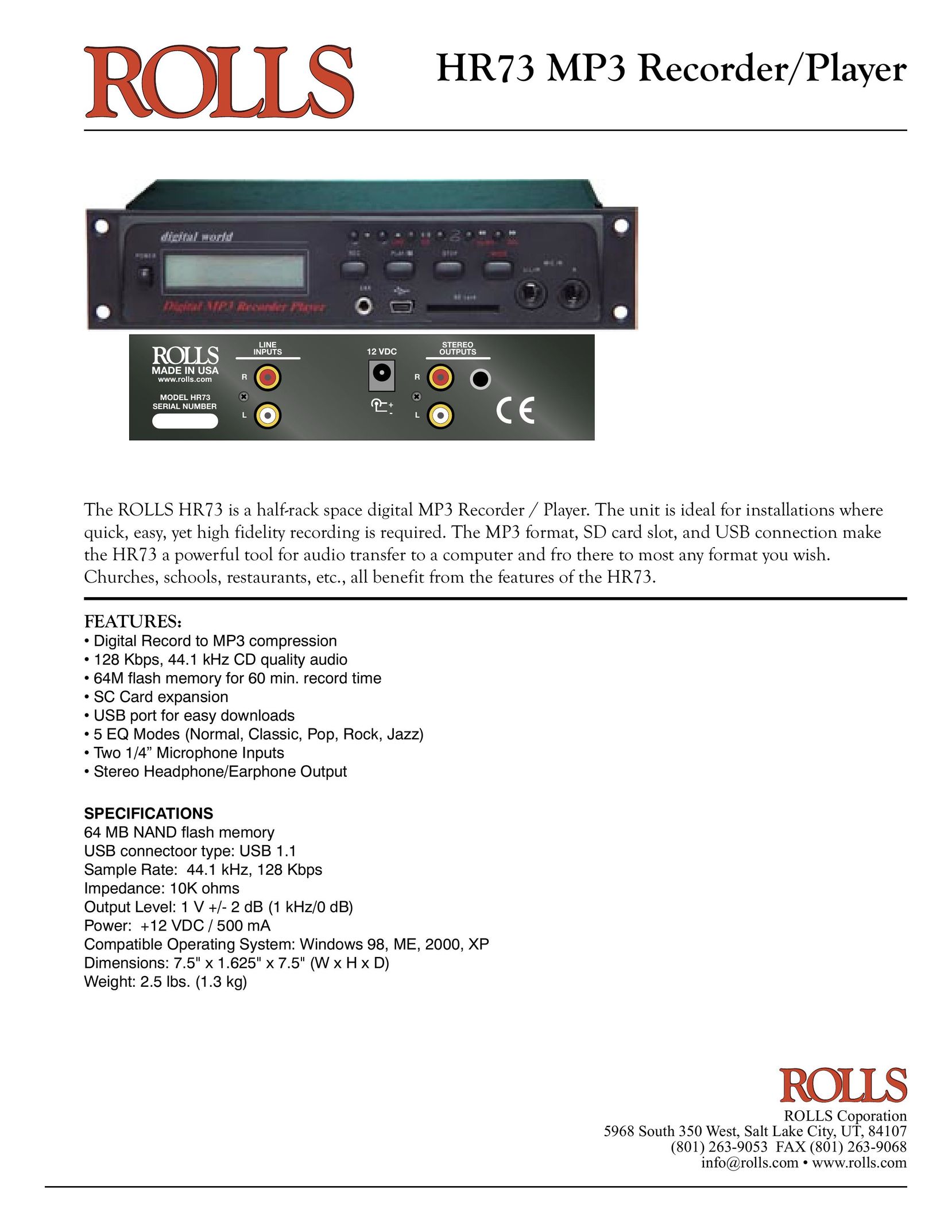 Rolls HR73 MP3 Player User Manual