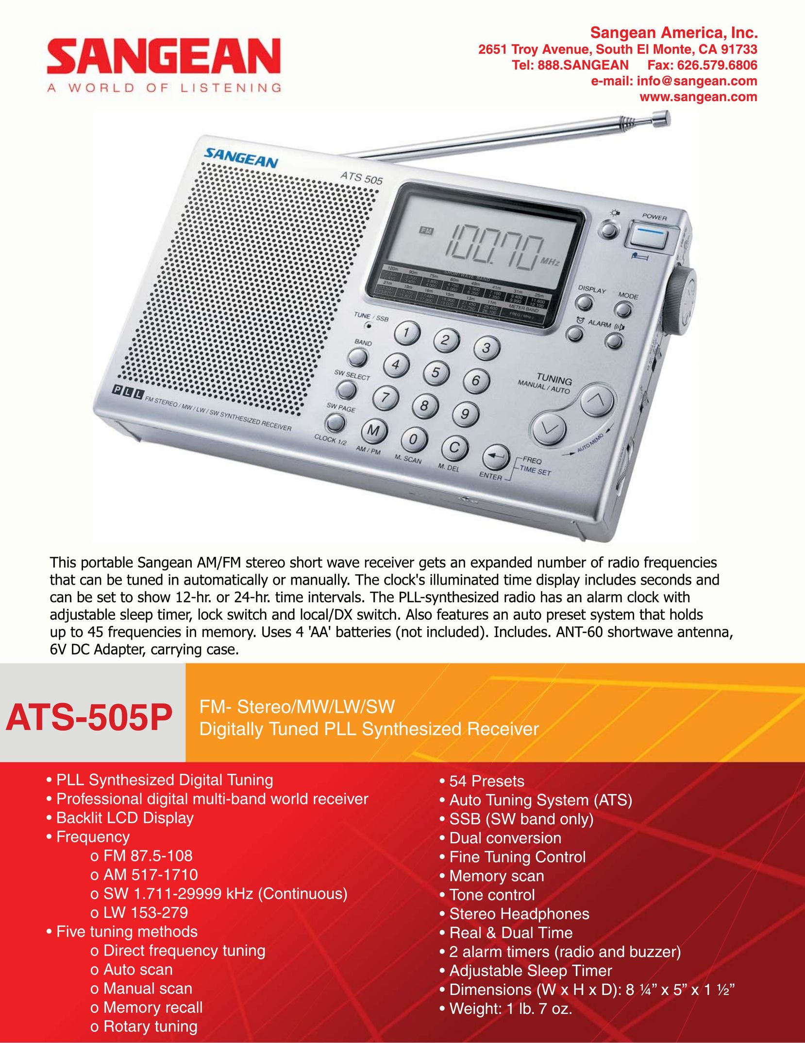 Sangean Electronics ATS-505P MP3 Player User Manual