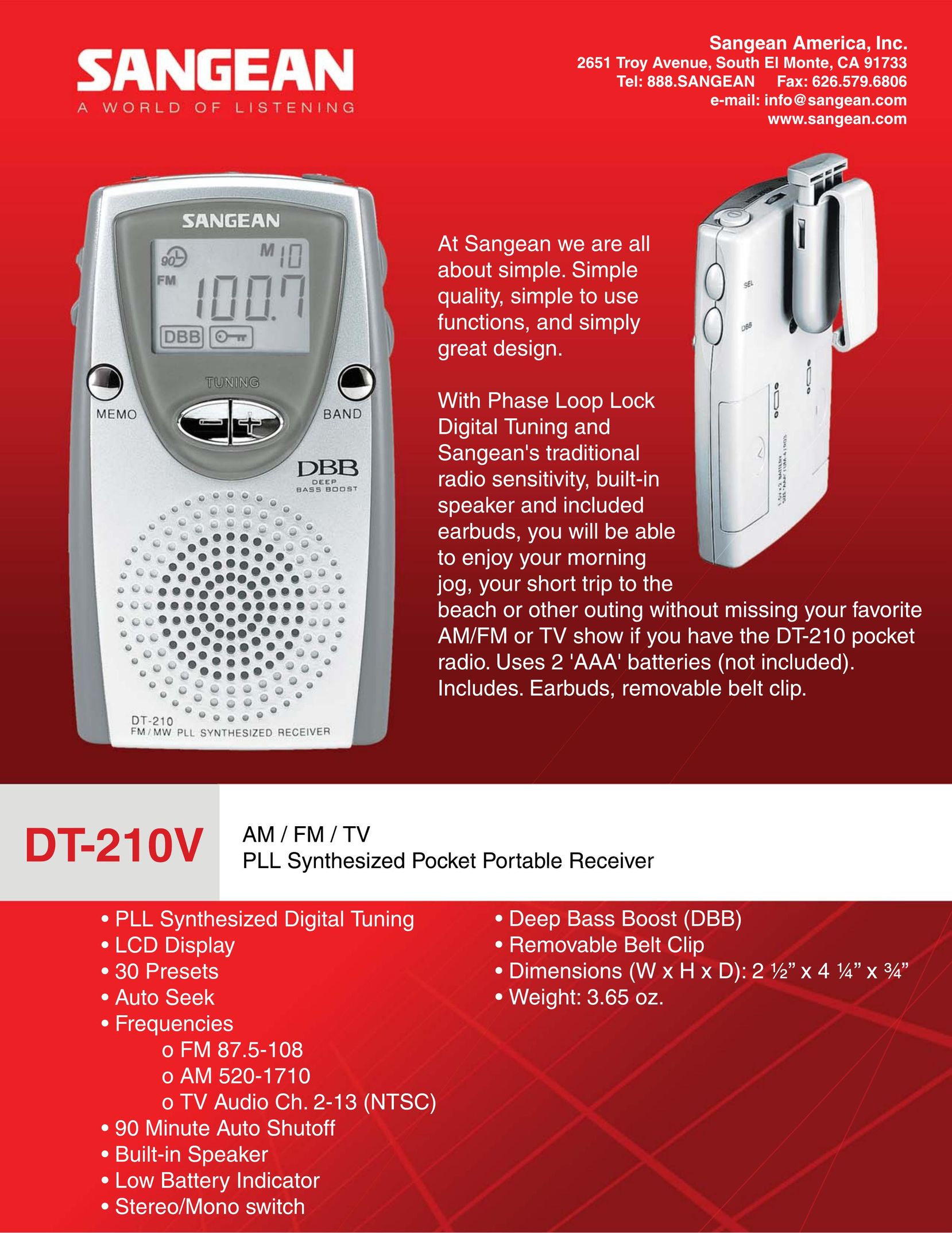 Sangean Electronics DT-210V MP3 Player User Manual