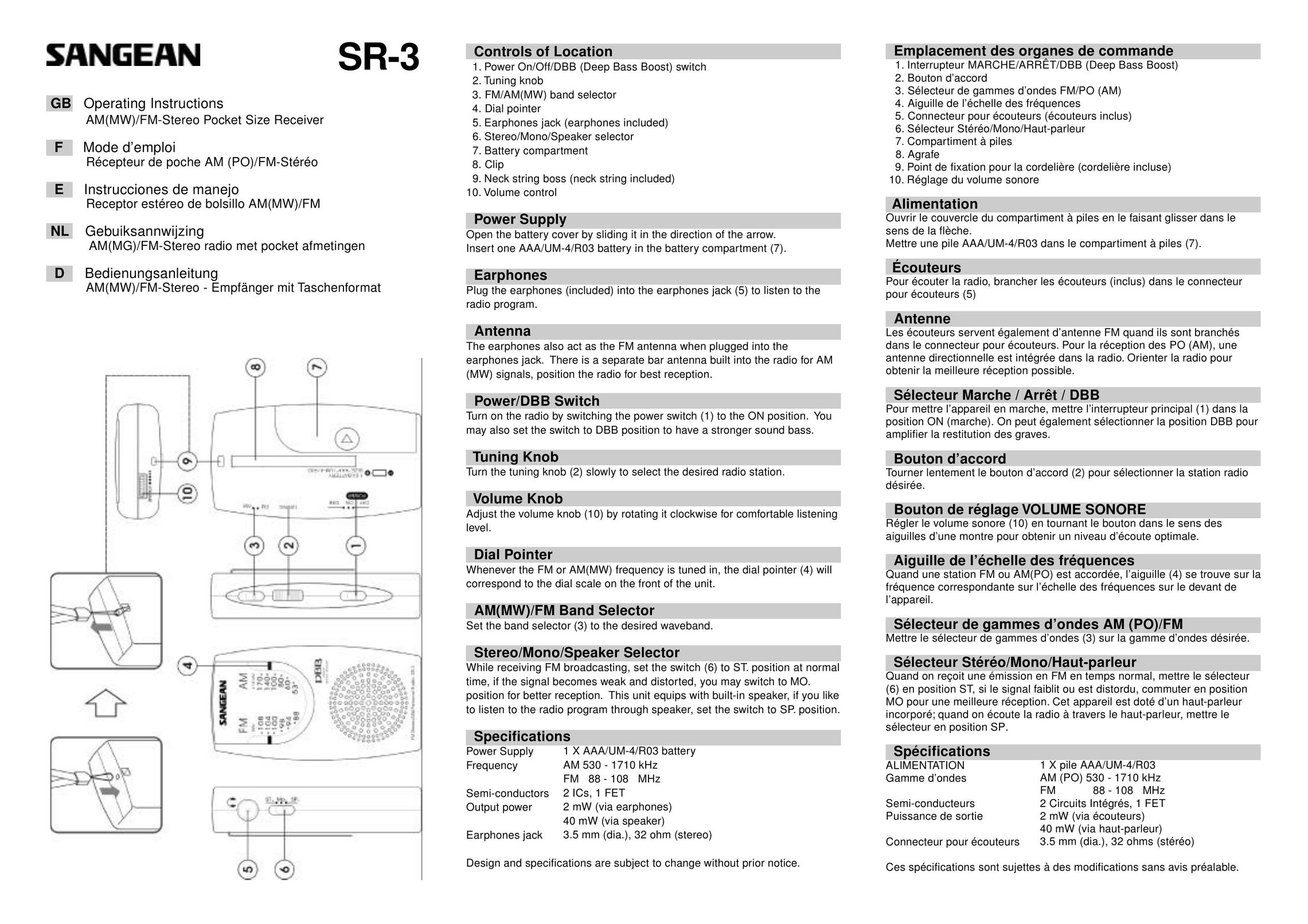 Sangean Electronics SR-3 MP3 Player User Manual