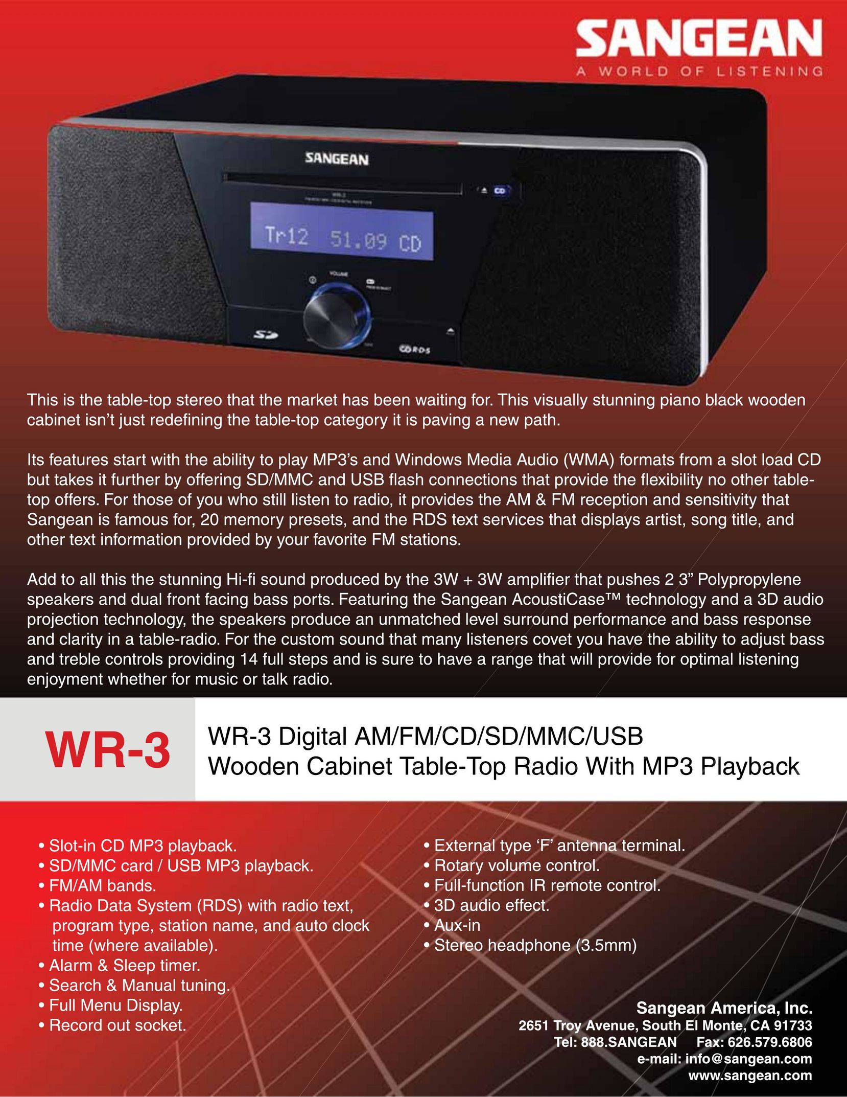 Sangean Electronics WR-3 MP3 Player User Manual