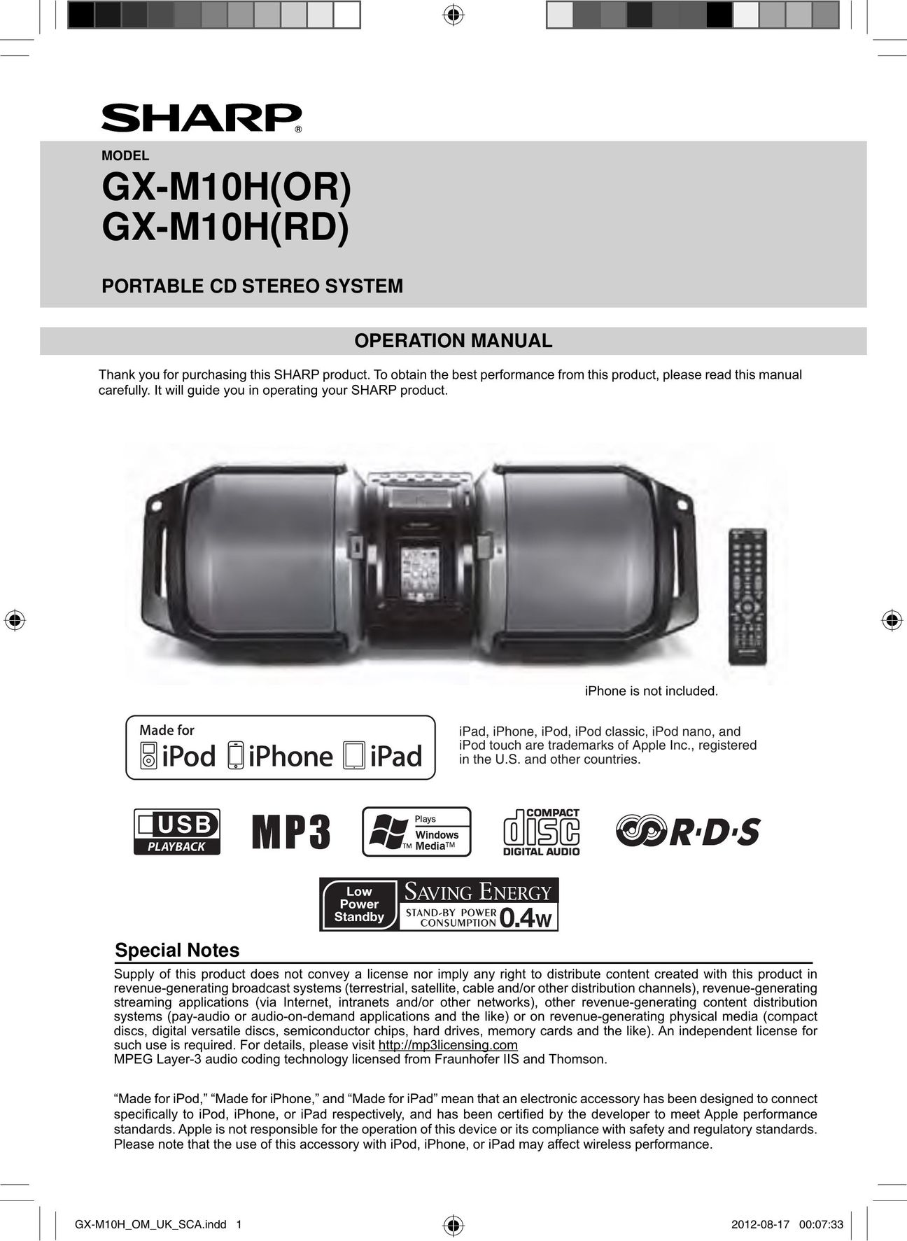Sharp GX-M10H(OR) MP3 Player User Manual