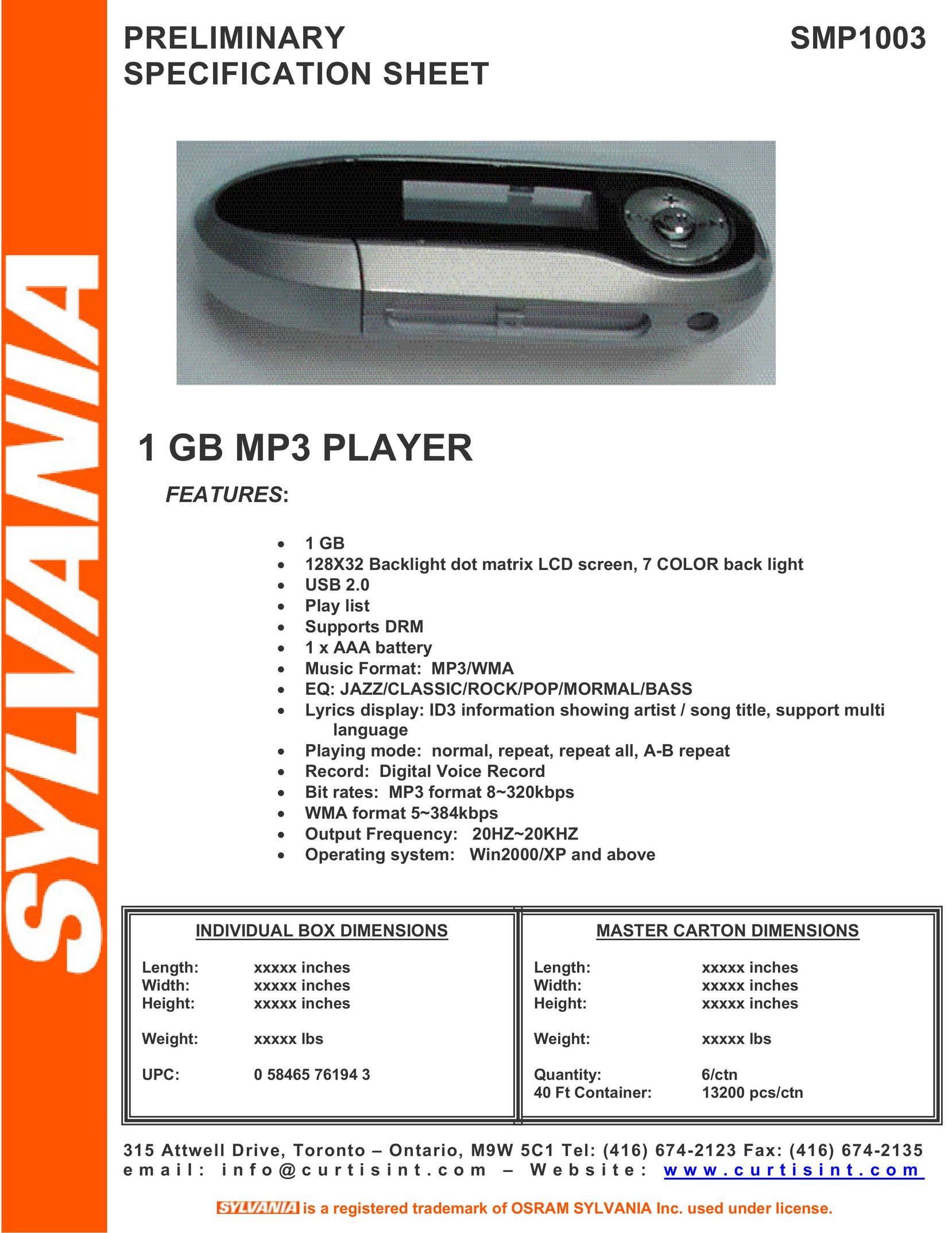 Sylvania SMP1003 MP3 Player User Manual