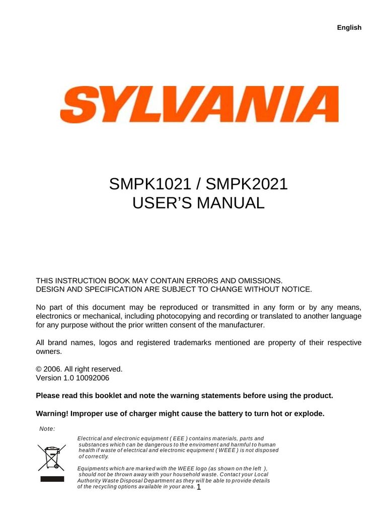 Sylvania SMPK2021 MP3 Player User Manual