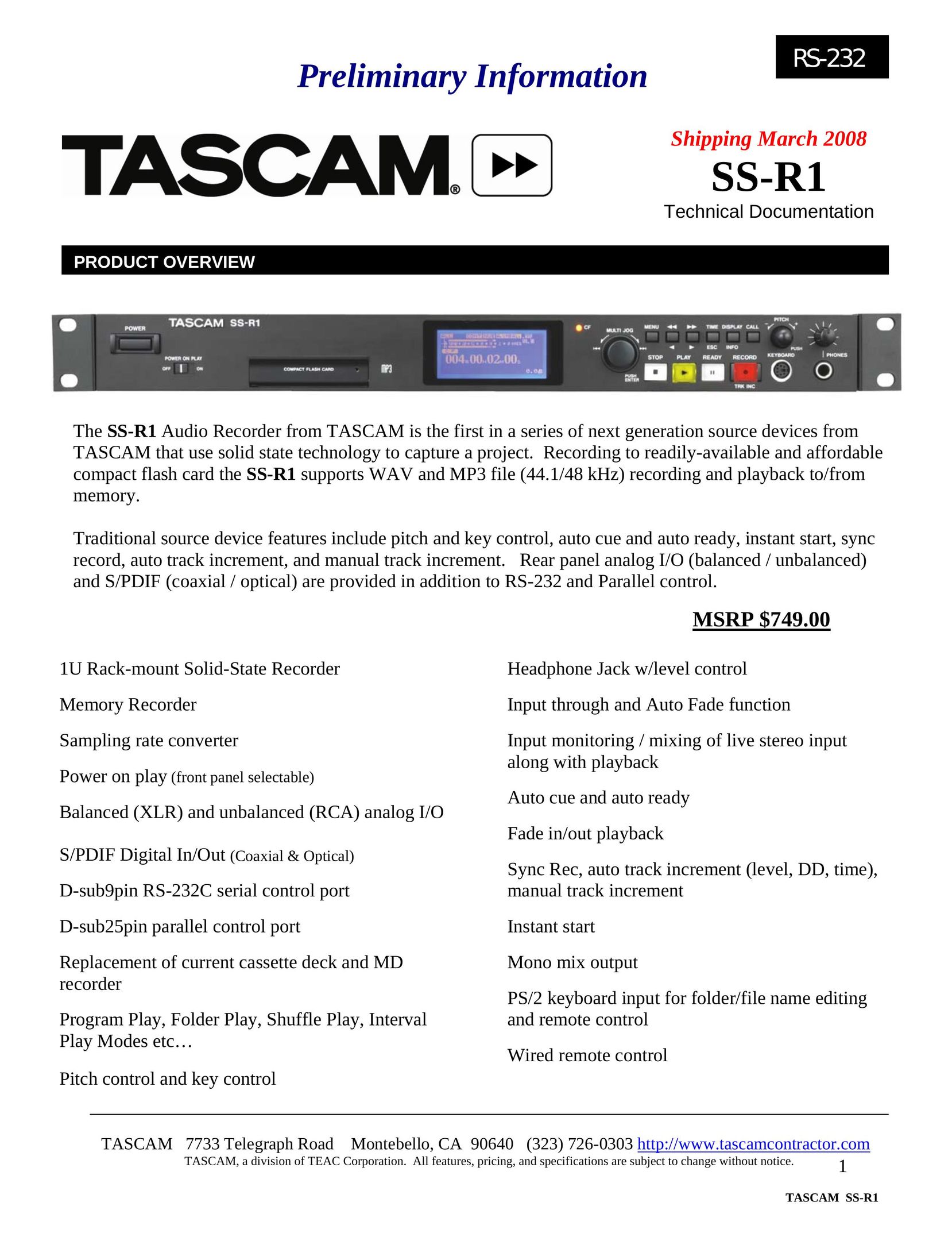 Tascam SS-R1 MP3 Player User Manual