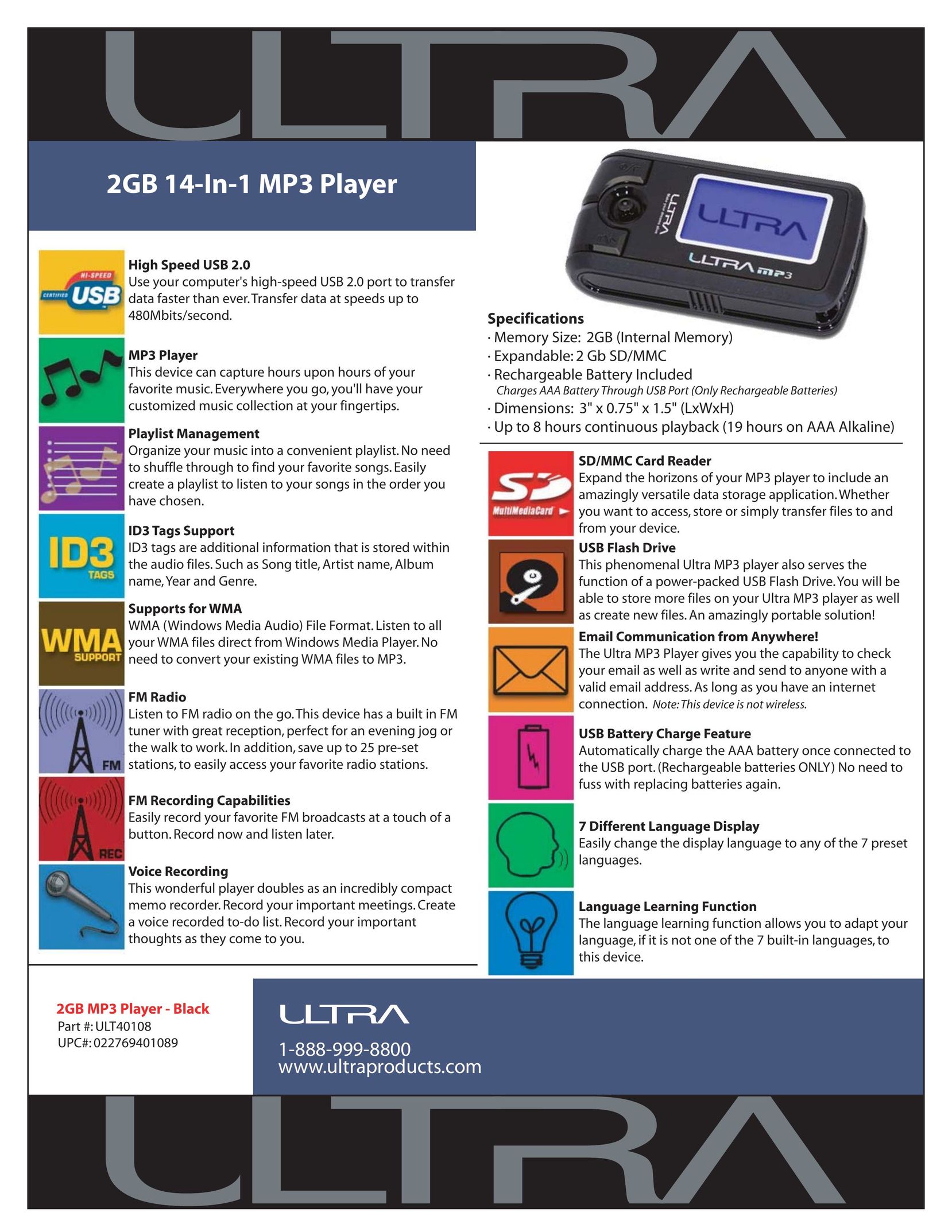 Ultra Products 2 GB MP3 Player User Manual