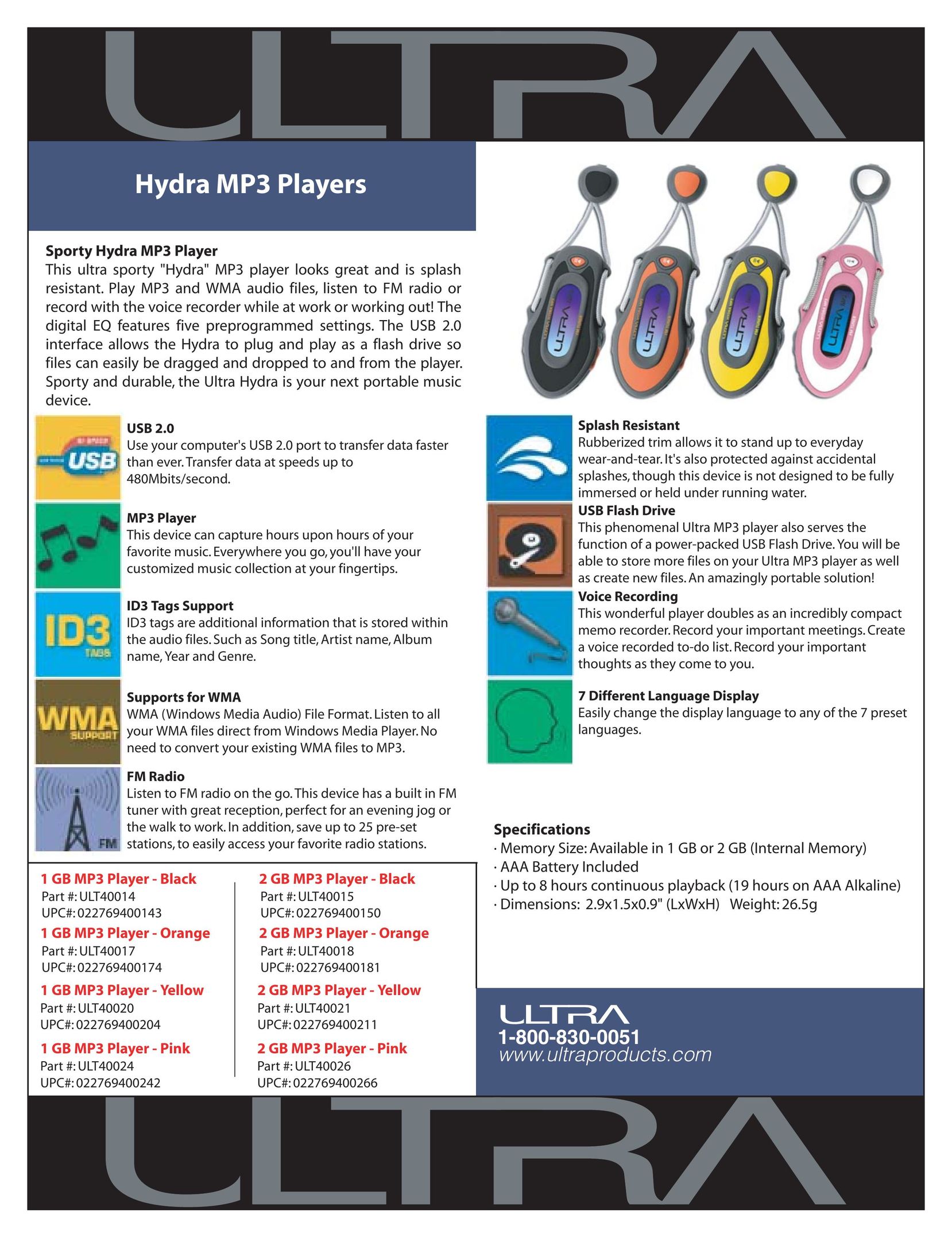Ultra Products Hydra MP3 Player User Manual