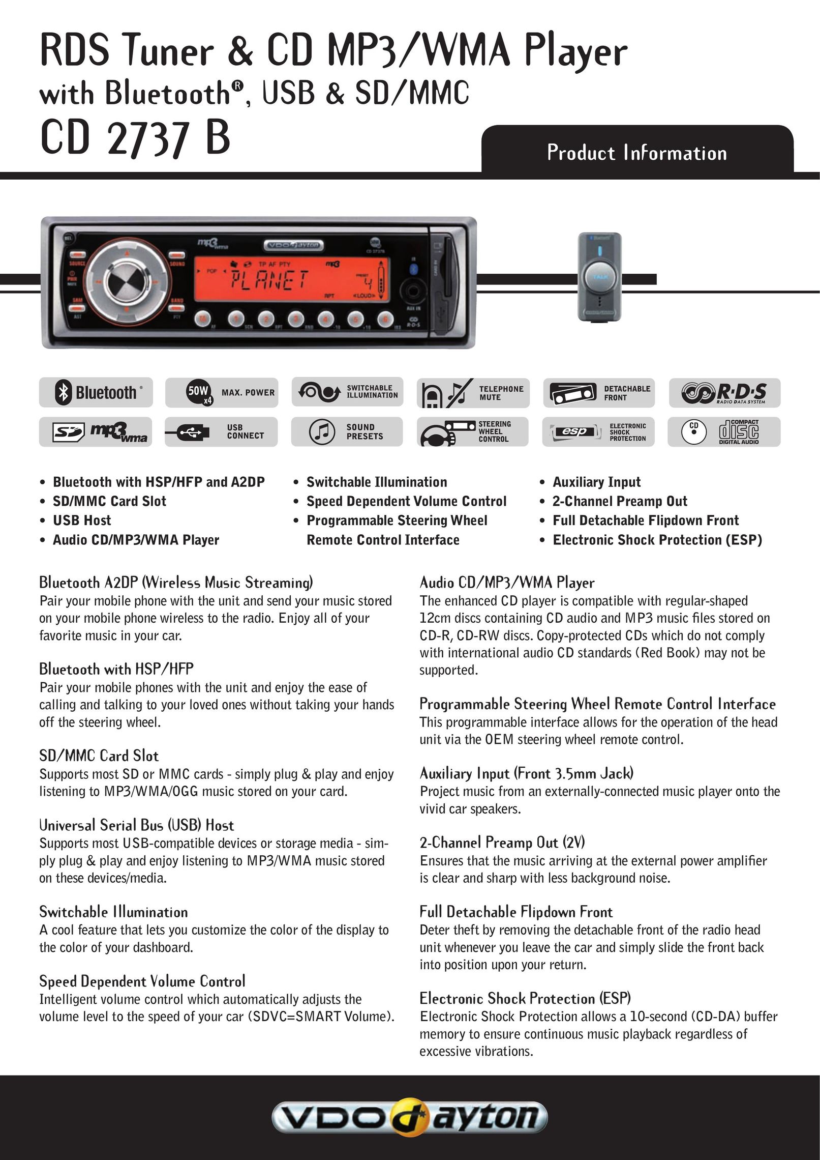 VDO Dayton CD 2737 B MP3 Player User Manual