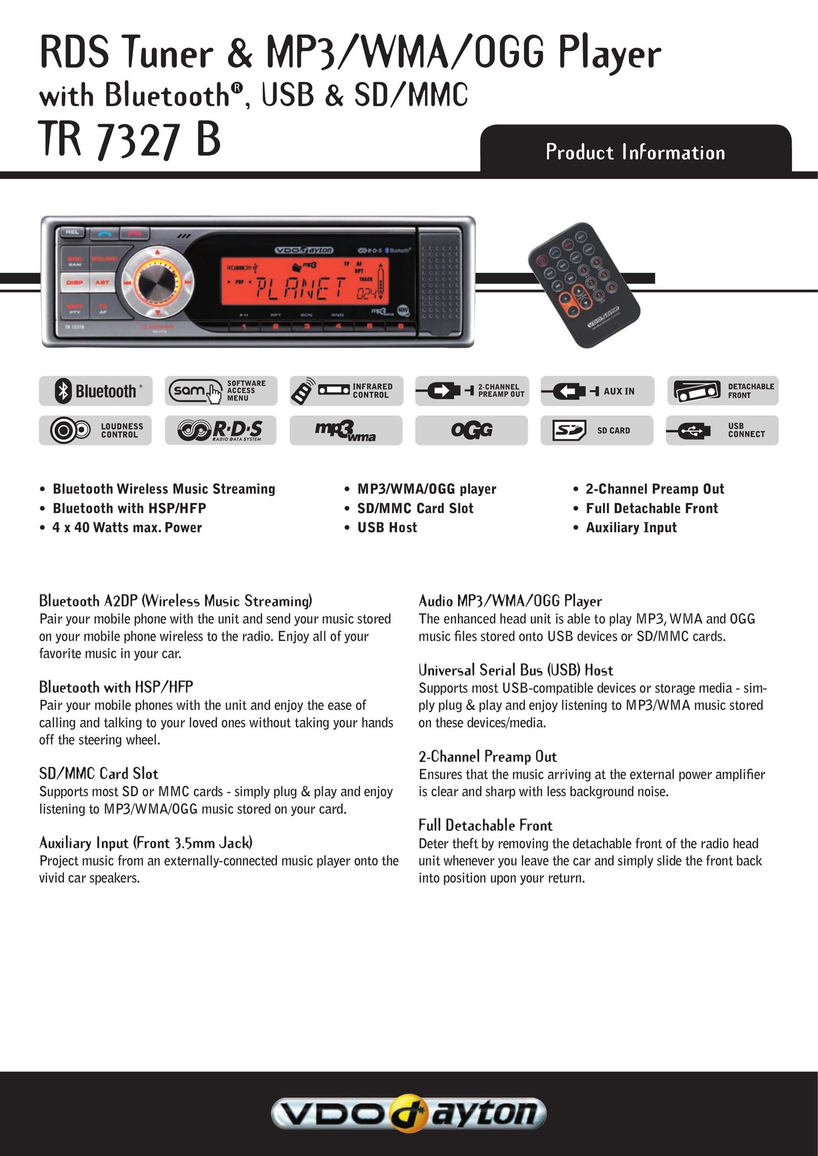VDO Dayton TR 7327 B MP3 Player User Manual