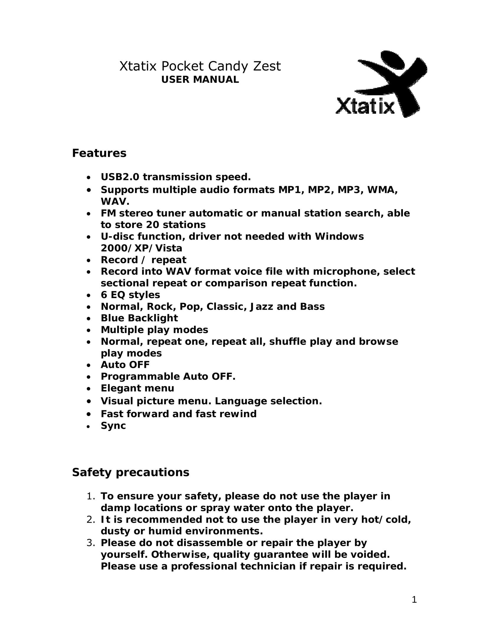 Xtatix Pocket Candy Zent MP3 Player User Manual