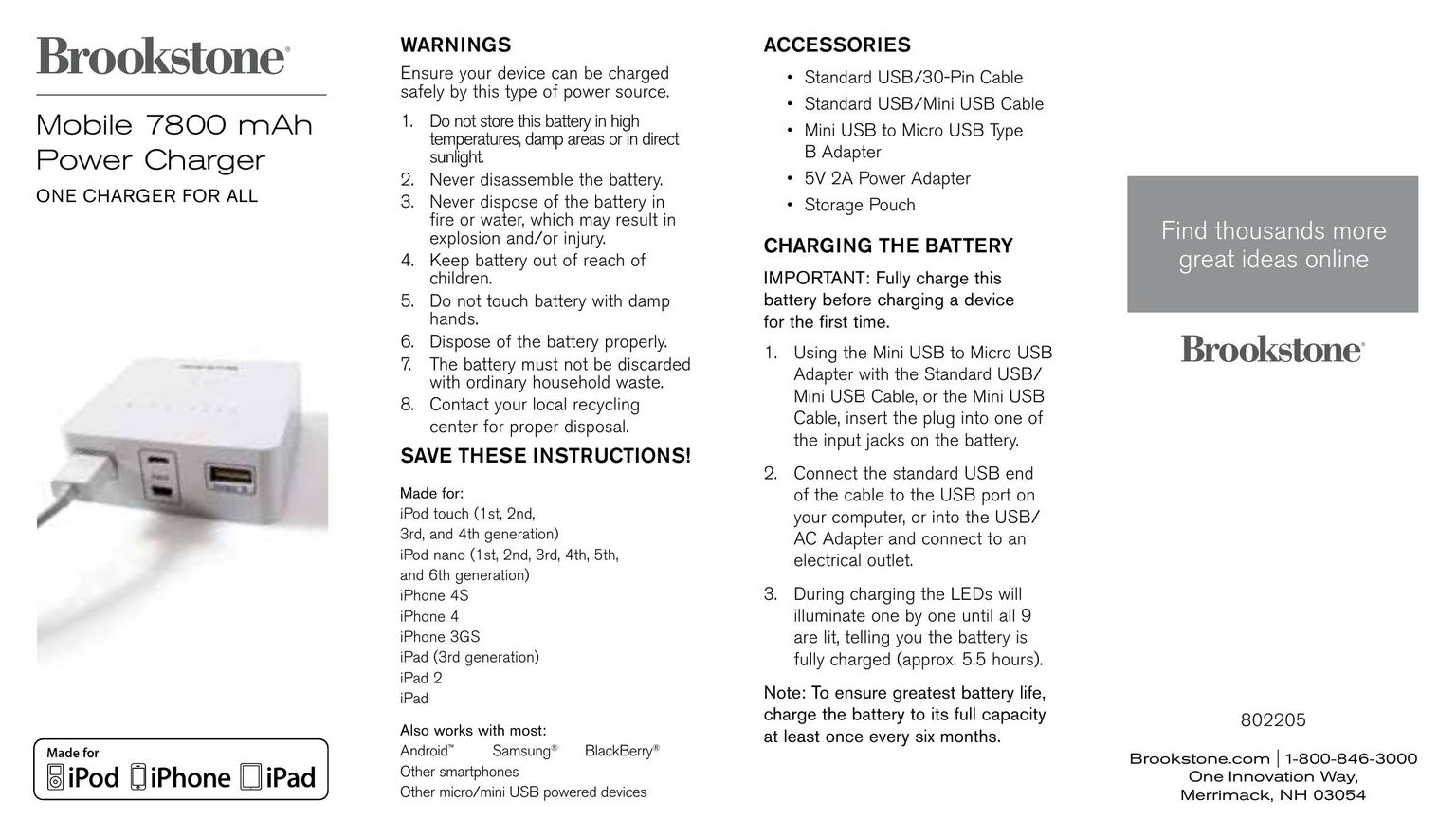 Brookstone Mobile 7800 mAh MP3 Player Accessories User Manual