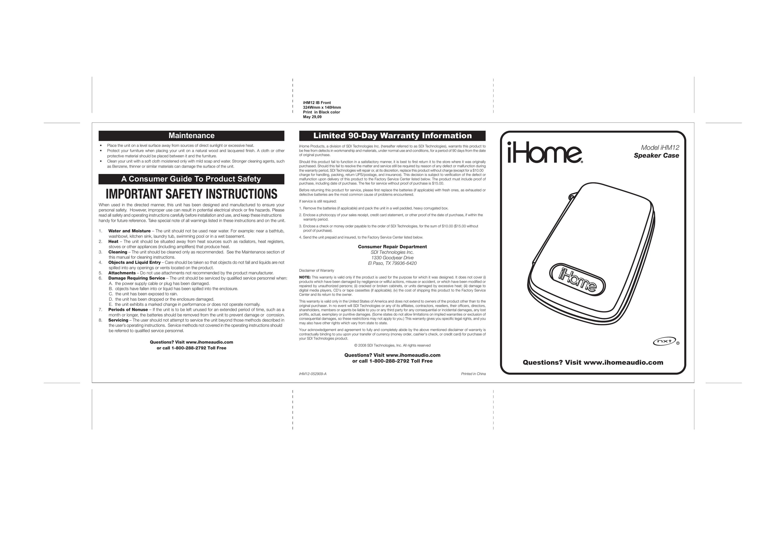 iHome iHM12 MP3 Player Accessories User Manual