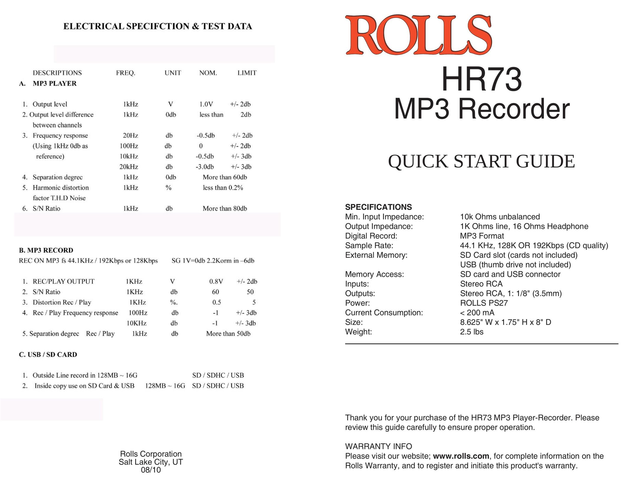 Rolls HR73 MP3 Player Accessories User Manual