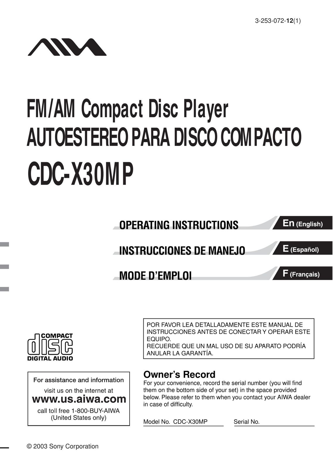 Aiwa CDC-X30MP Portable CD Player User Manual