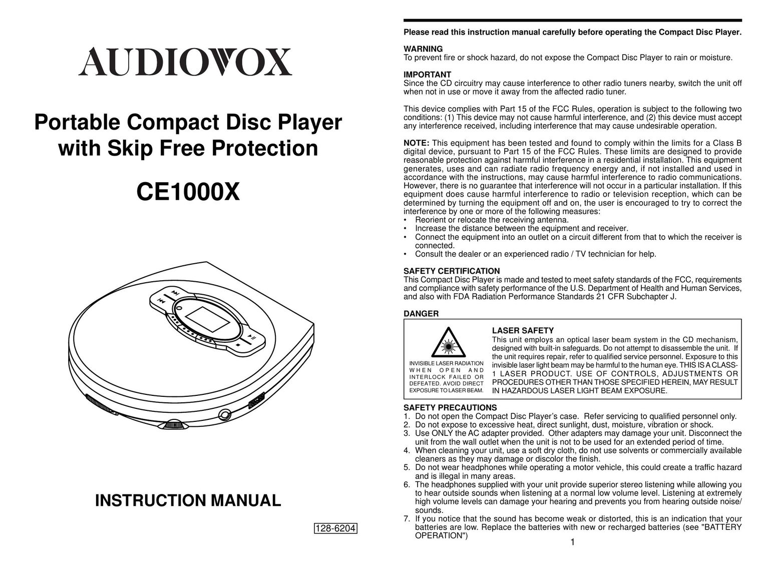 Audiovox CE1000X Portable CD Player User Manual