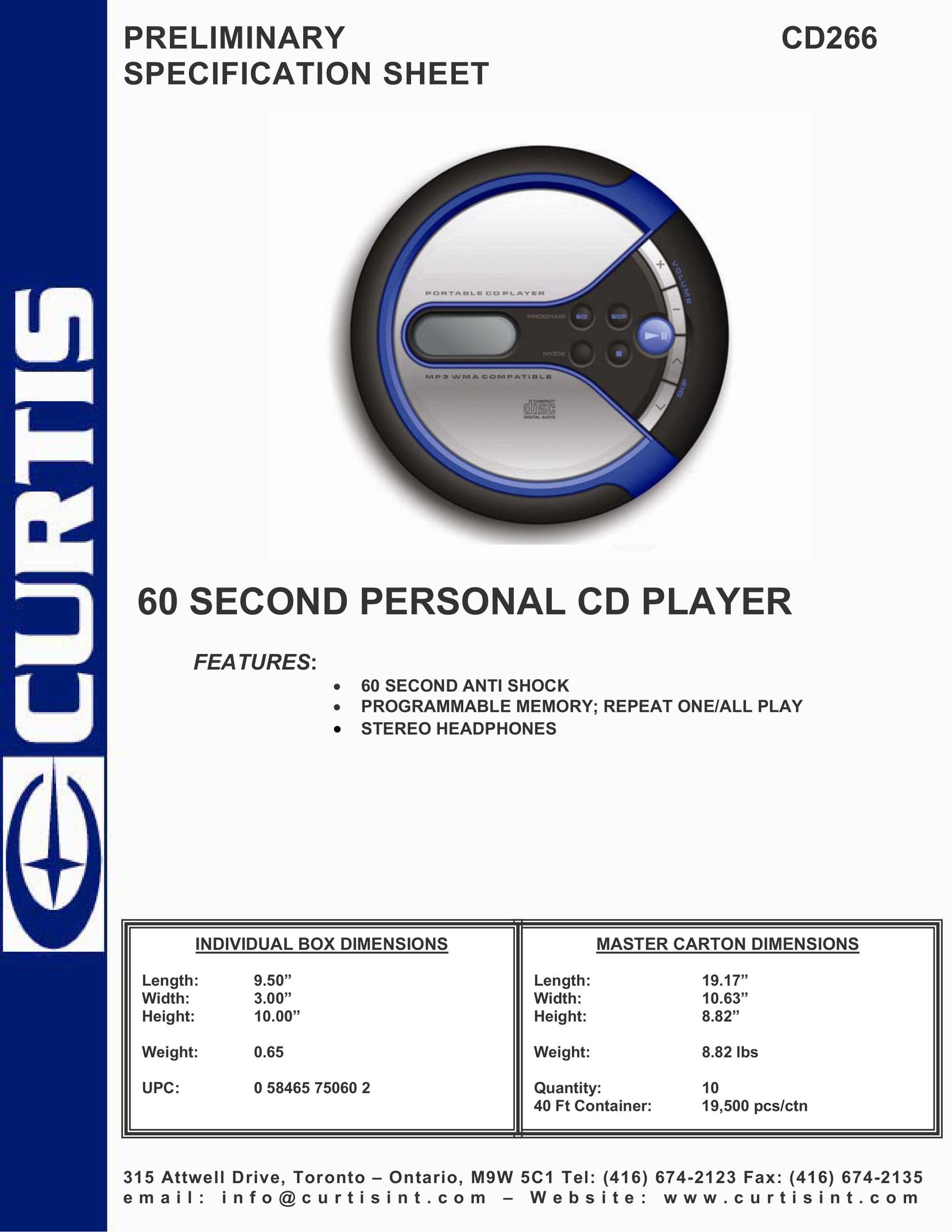 Curtis CD226 Portable CD Player User Manual
