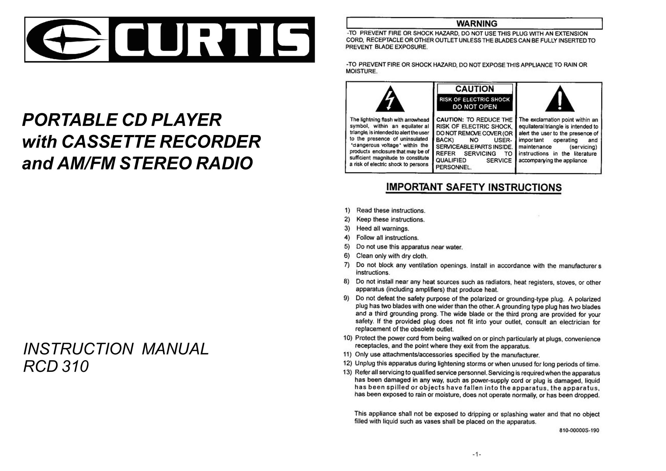 Curtis RCD 310 Portable CD Player User Manual