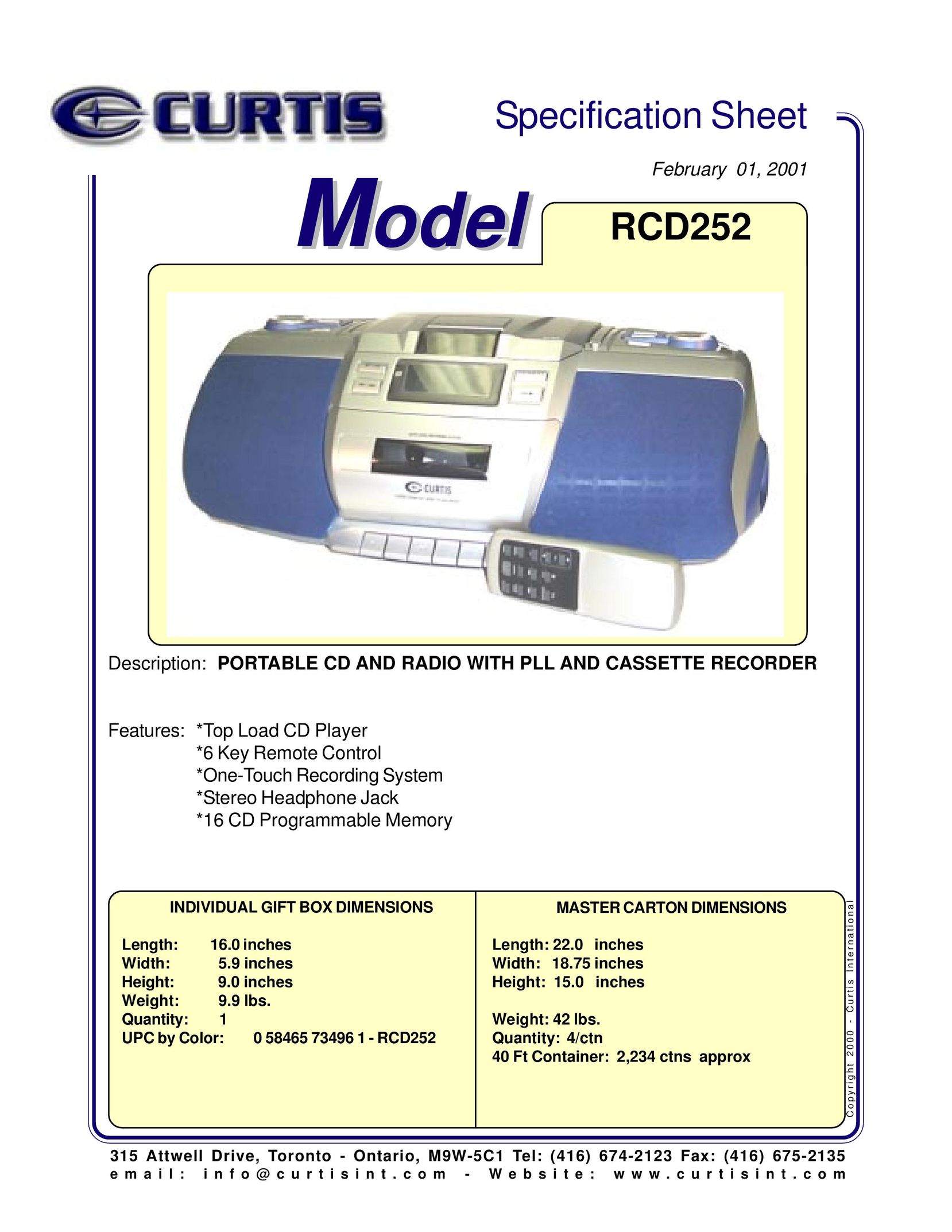Curtis RCD252 Portable CD Player User Manual