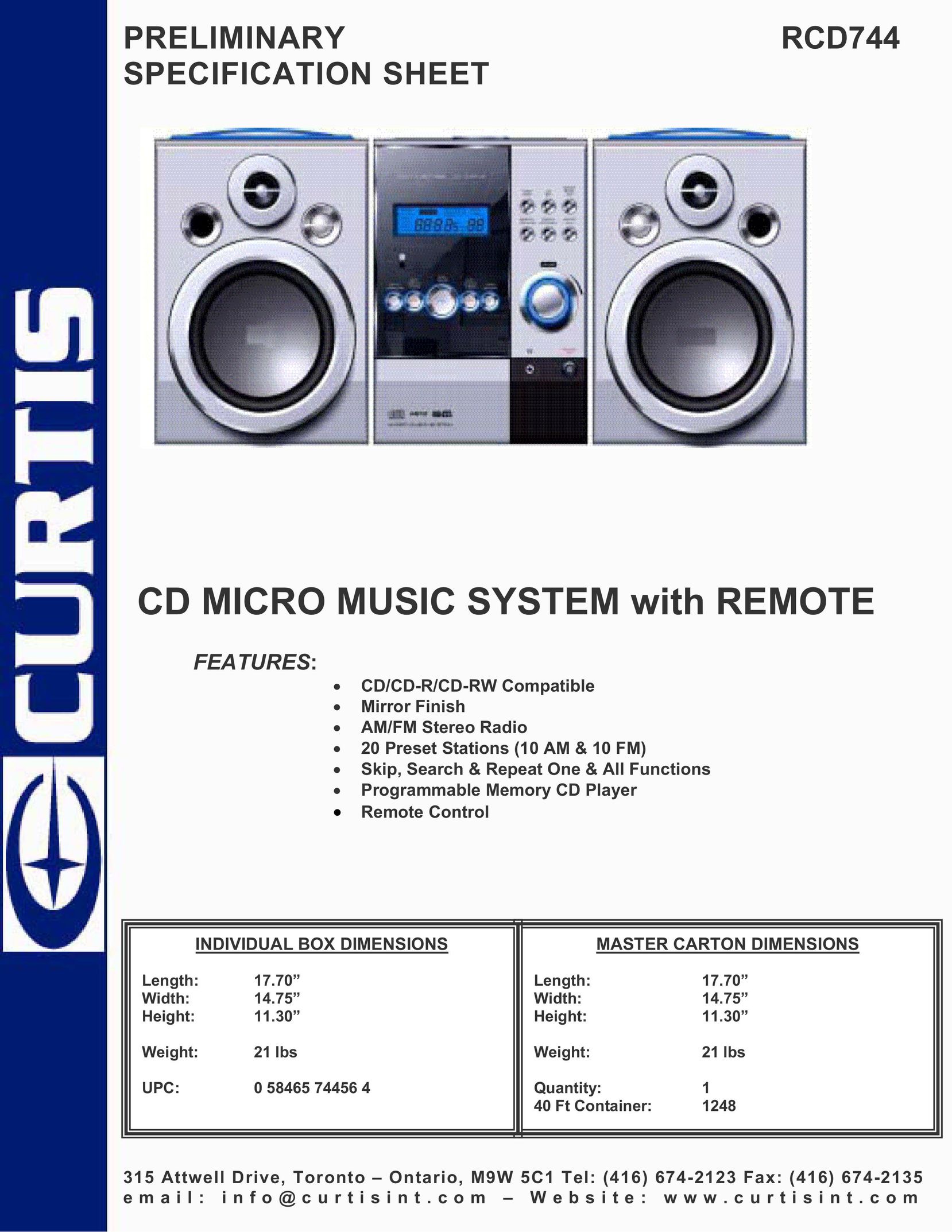 Curtis RCD744 Portable CD Player User Manual