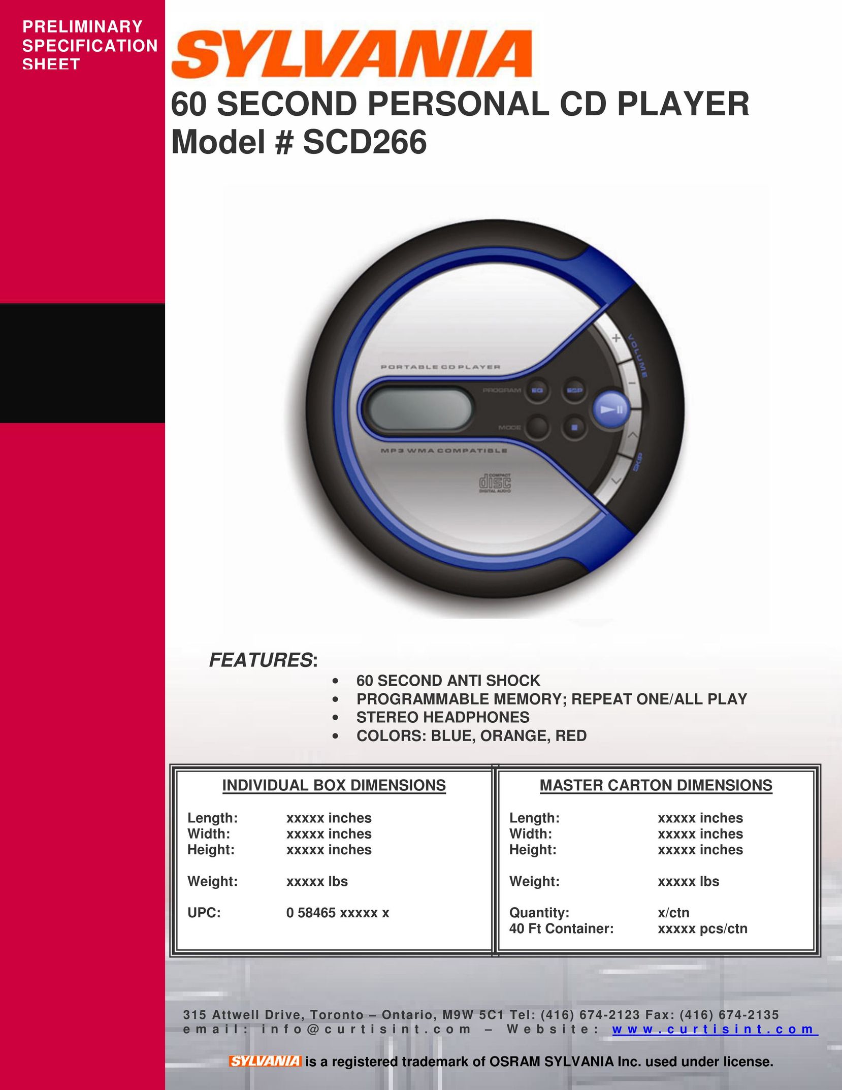 Curtis SCD266 Portable CD Player User Manual