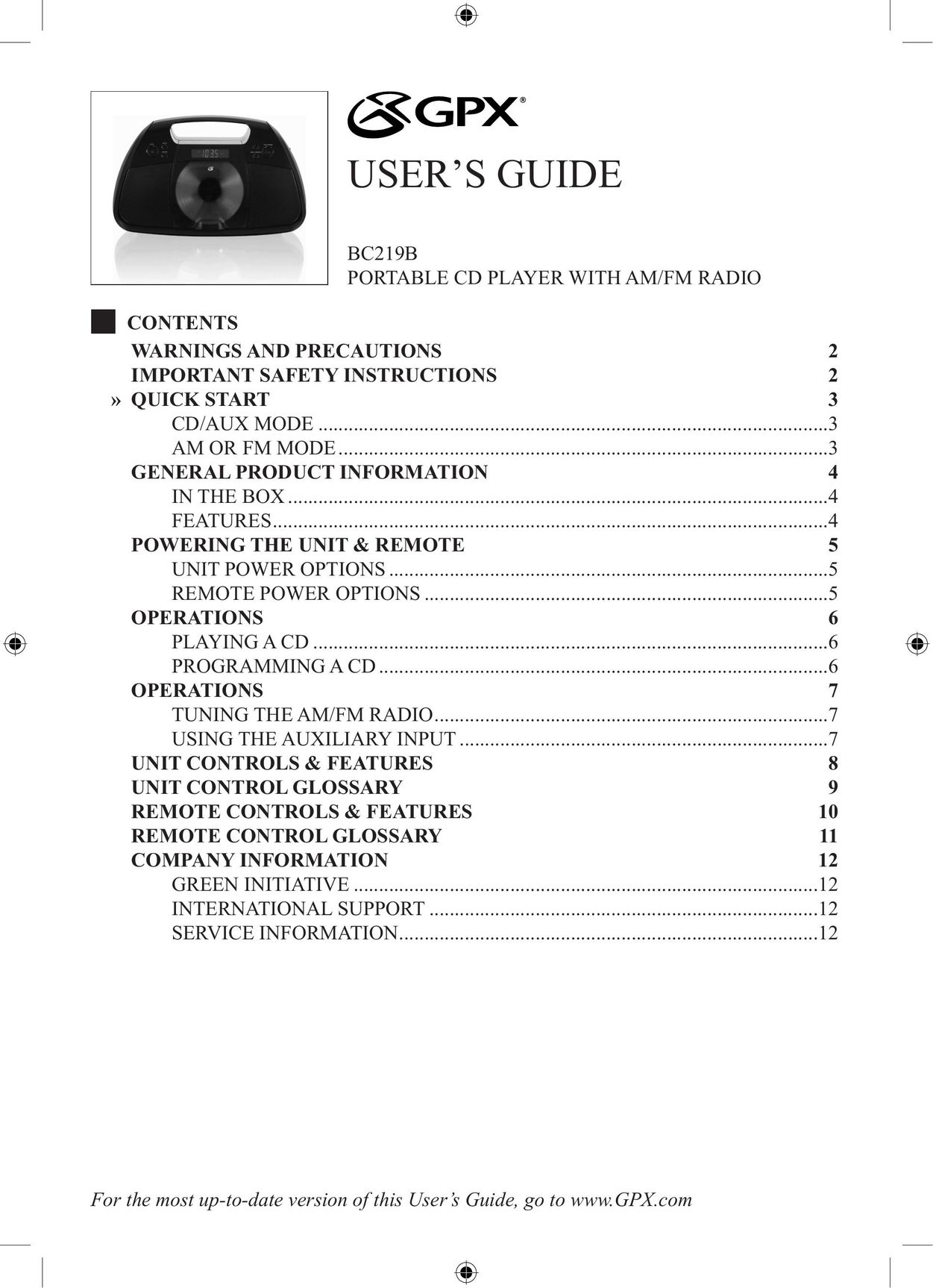 GPX BC219B Portable CD Player User Manual