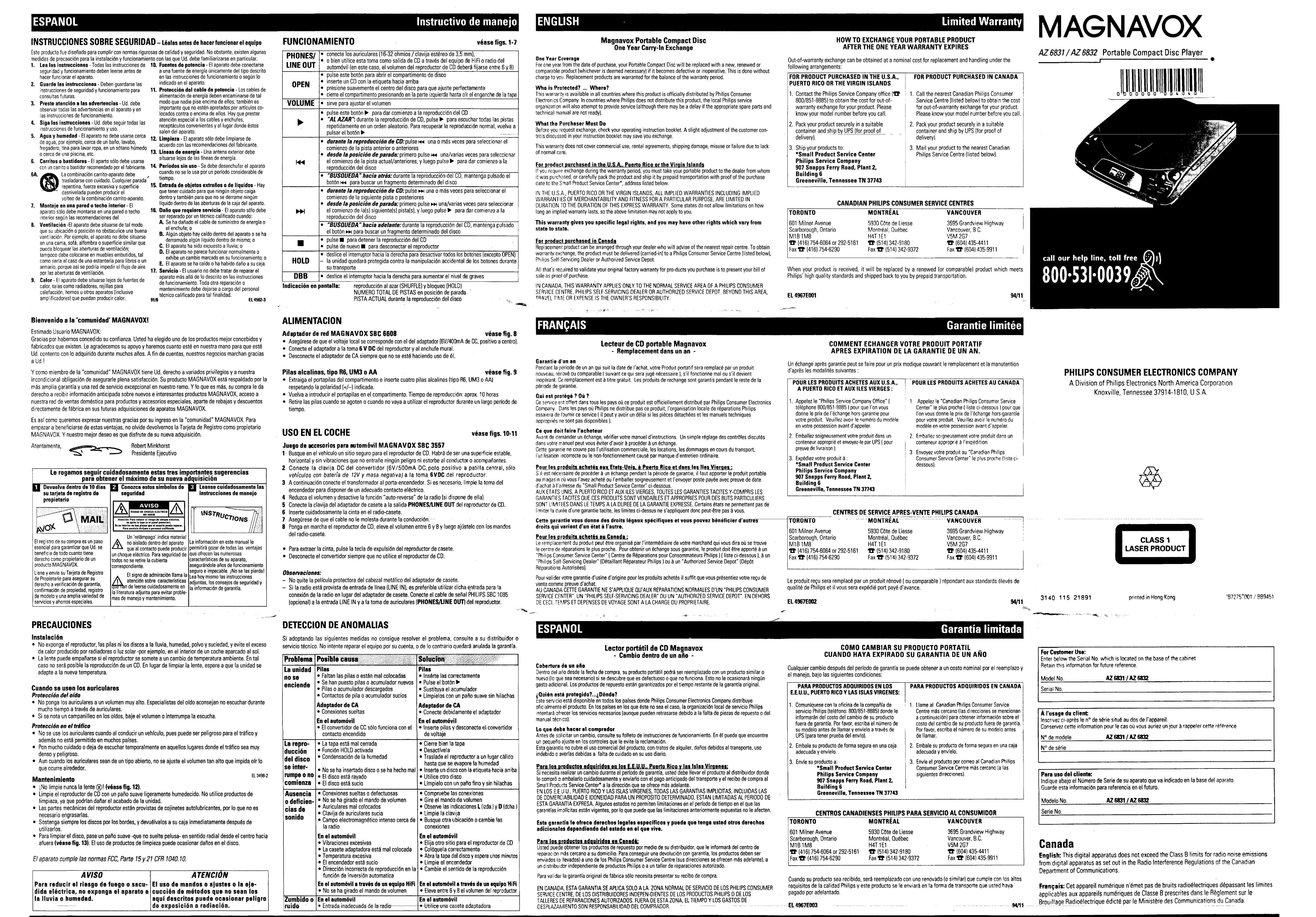 Magnavox AZ 6831 Portable CD Player User Manual