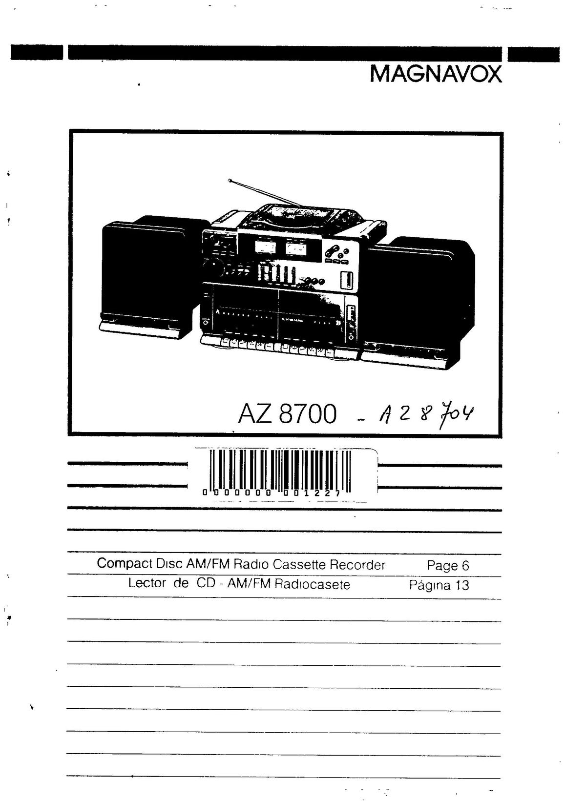 Magnavox AZ 8700 Portable CD Player User Manual