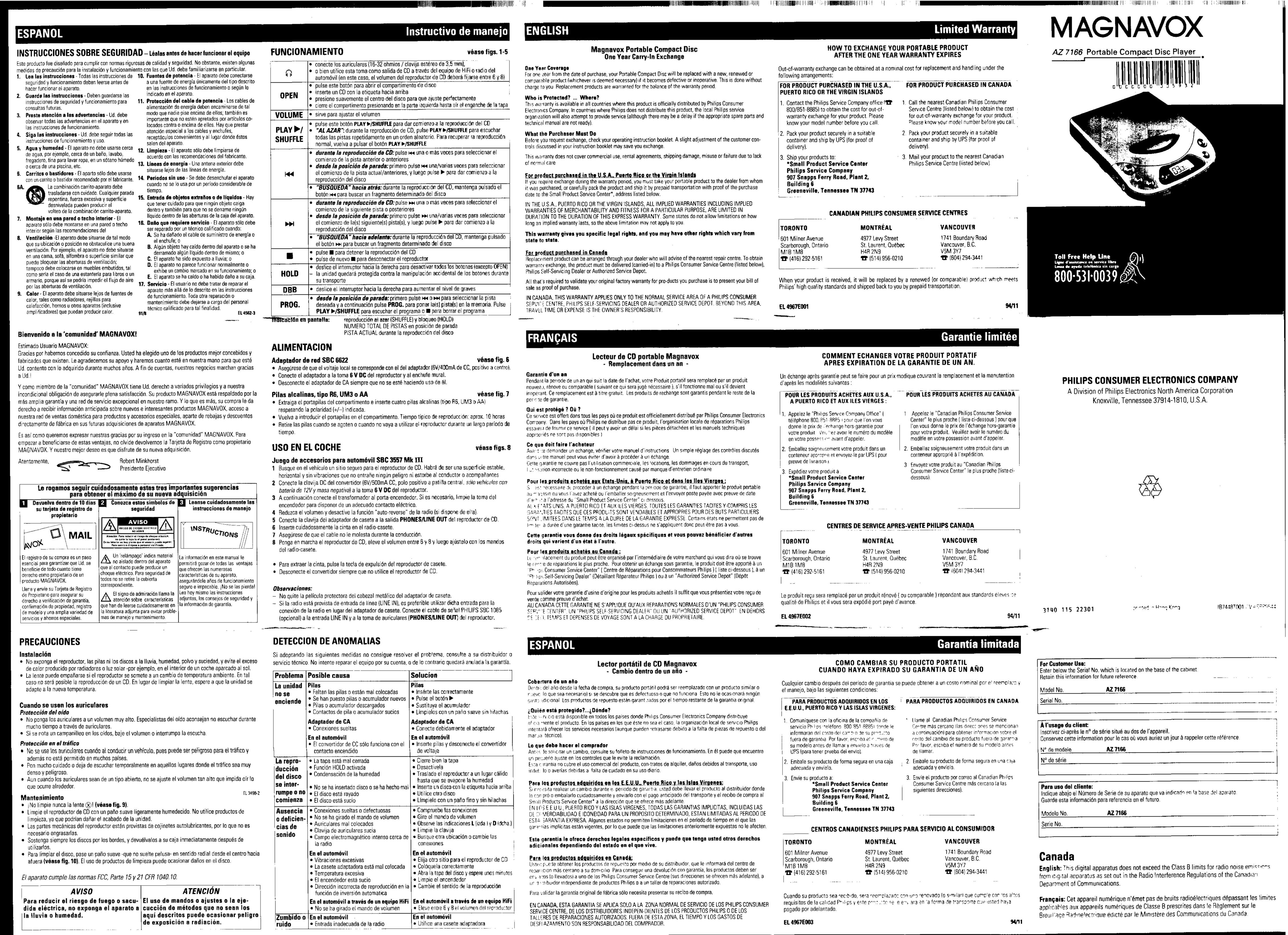 Magnavox AZ7166 Portable CD Player User Manual