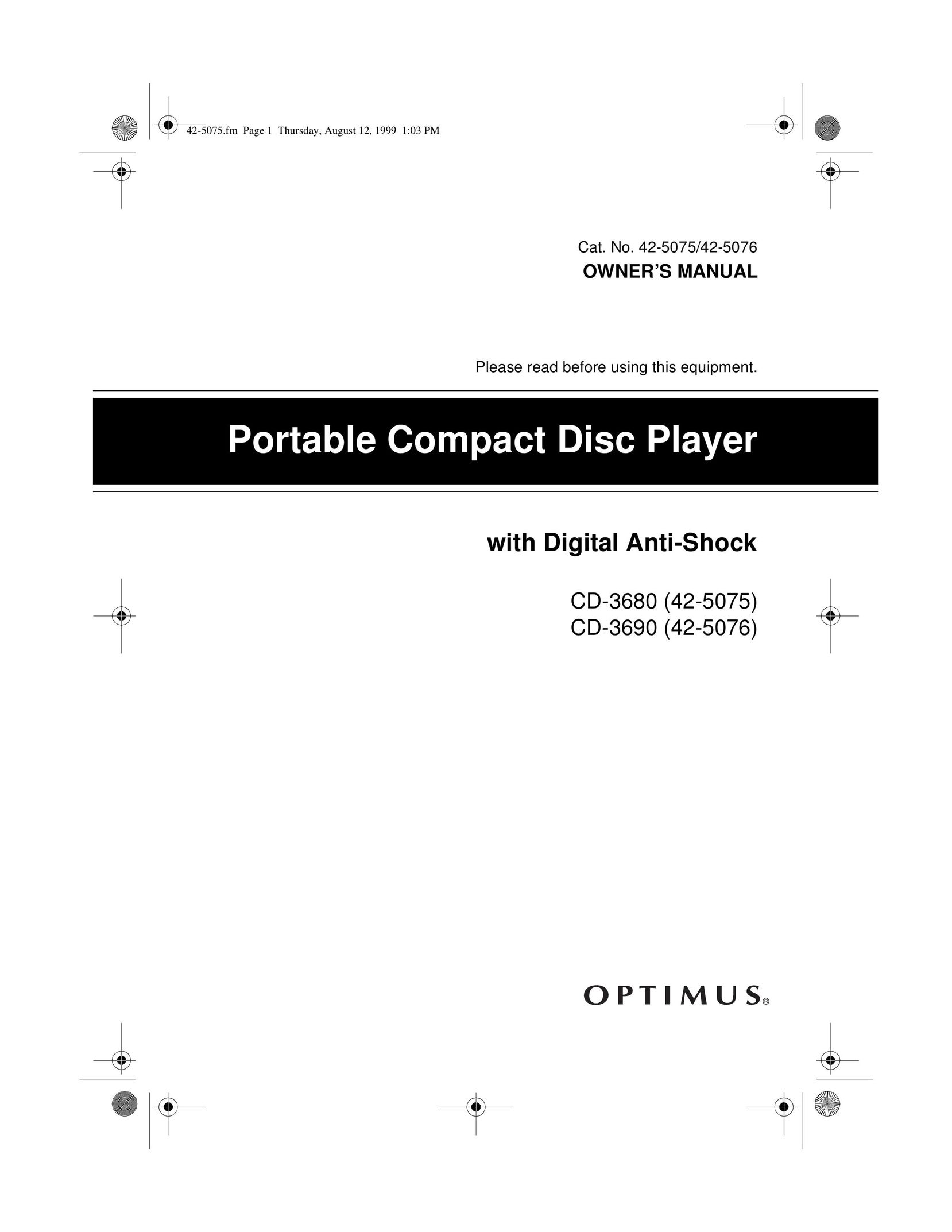 Optimus CD-3680 (42-5075) Portable CD Player User Manual
