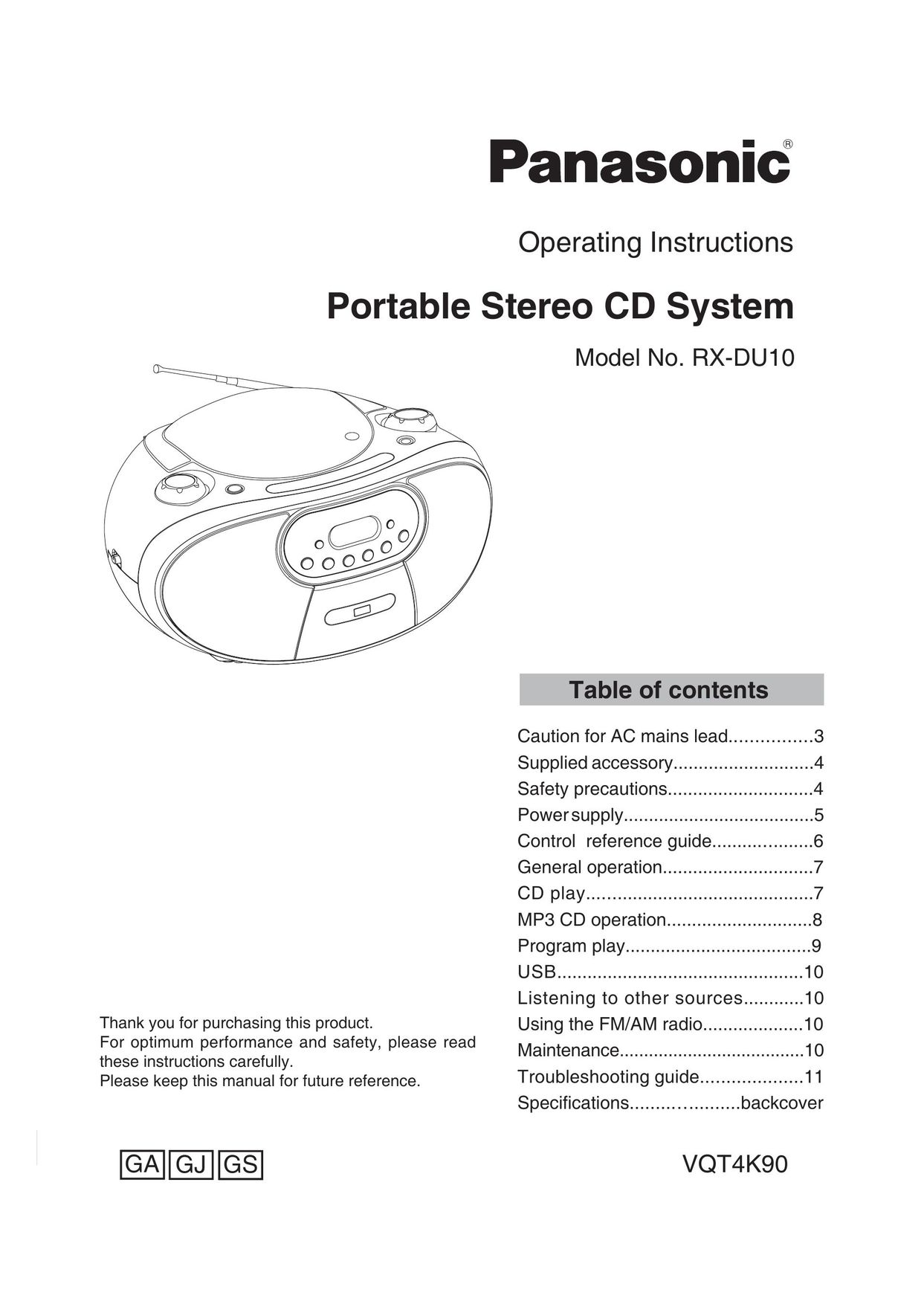 Panasonic RX-DU10 Portable CD Player User Manual