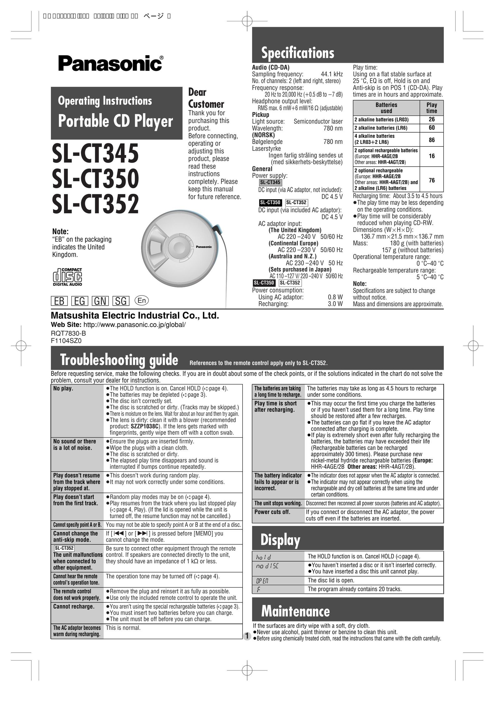 Panasonic SL-CT352 Portable CD Player User Manual