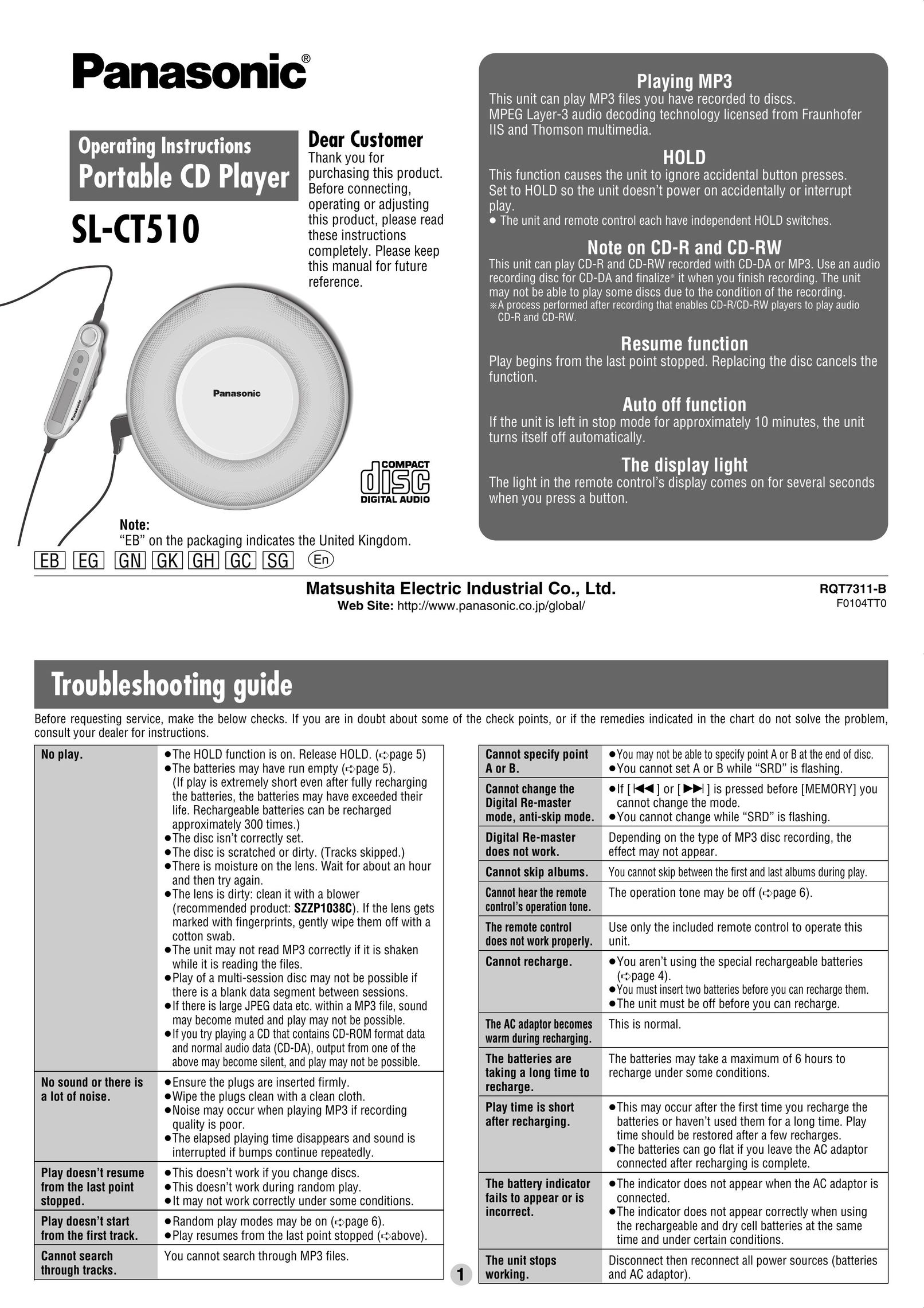 Panasonic SL-CT510 Portable CD Player User Manual