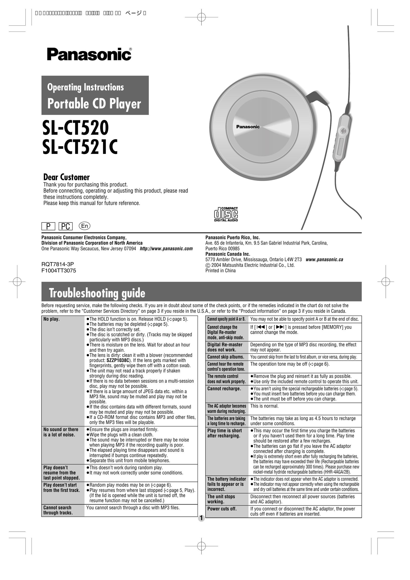 Panasonic SL-CT521C Portable CD Player User Manual