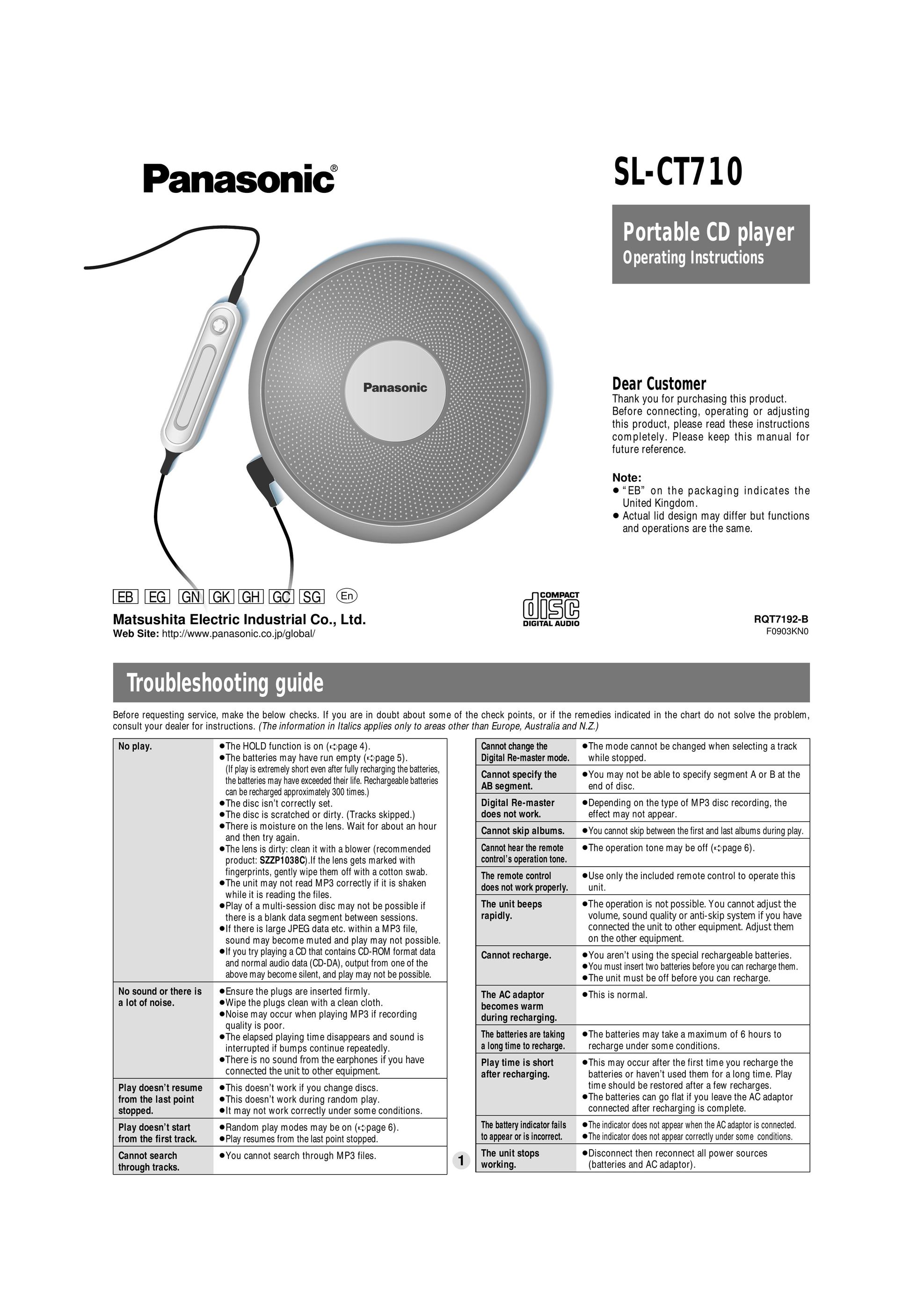 Panasonic SL-CT710 Portable CD Player User Manual