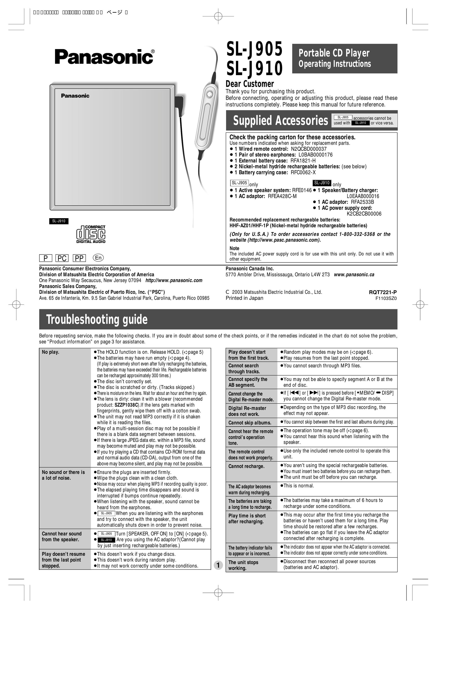 Panasonic SL-J910 Portable CD Player User Manual