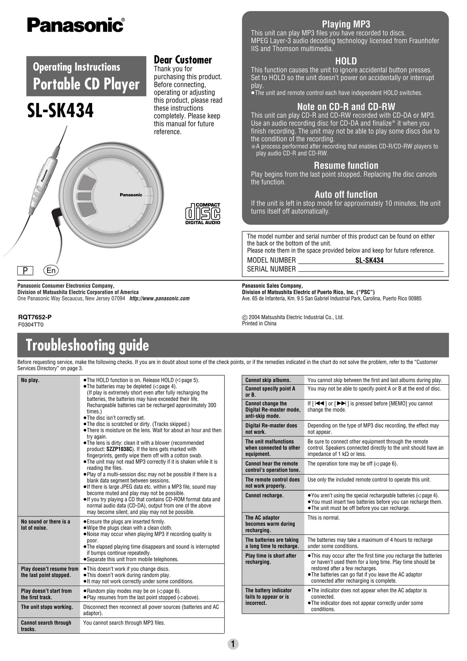 Panasonic SL-SK434 Portable CD Player User Manual