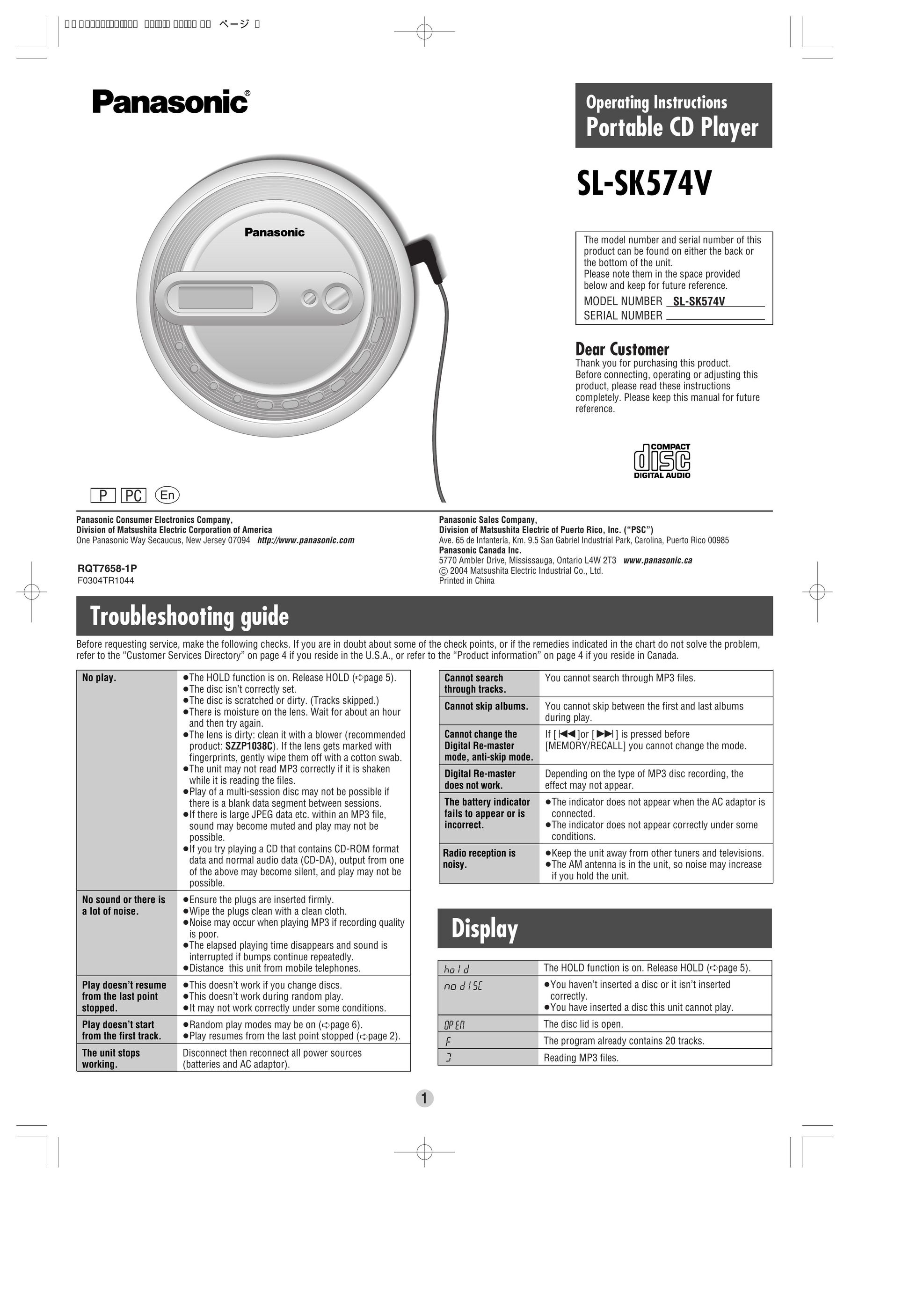 Panasonic SL-SK574V Portable CD Player User Manual