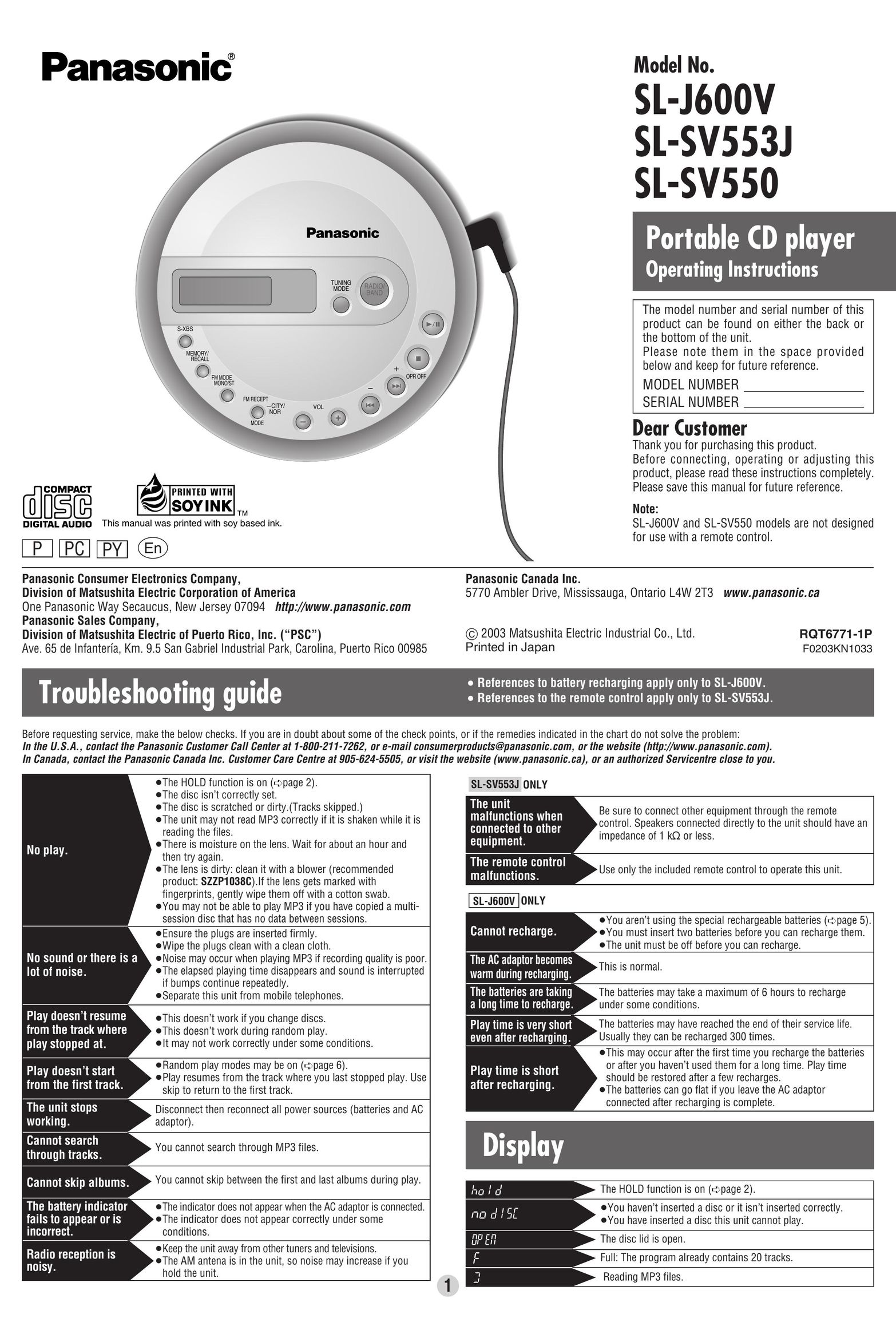Panasonic SL-SV553J Portable CD Player User Manual
