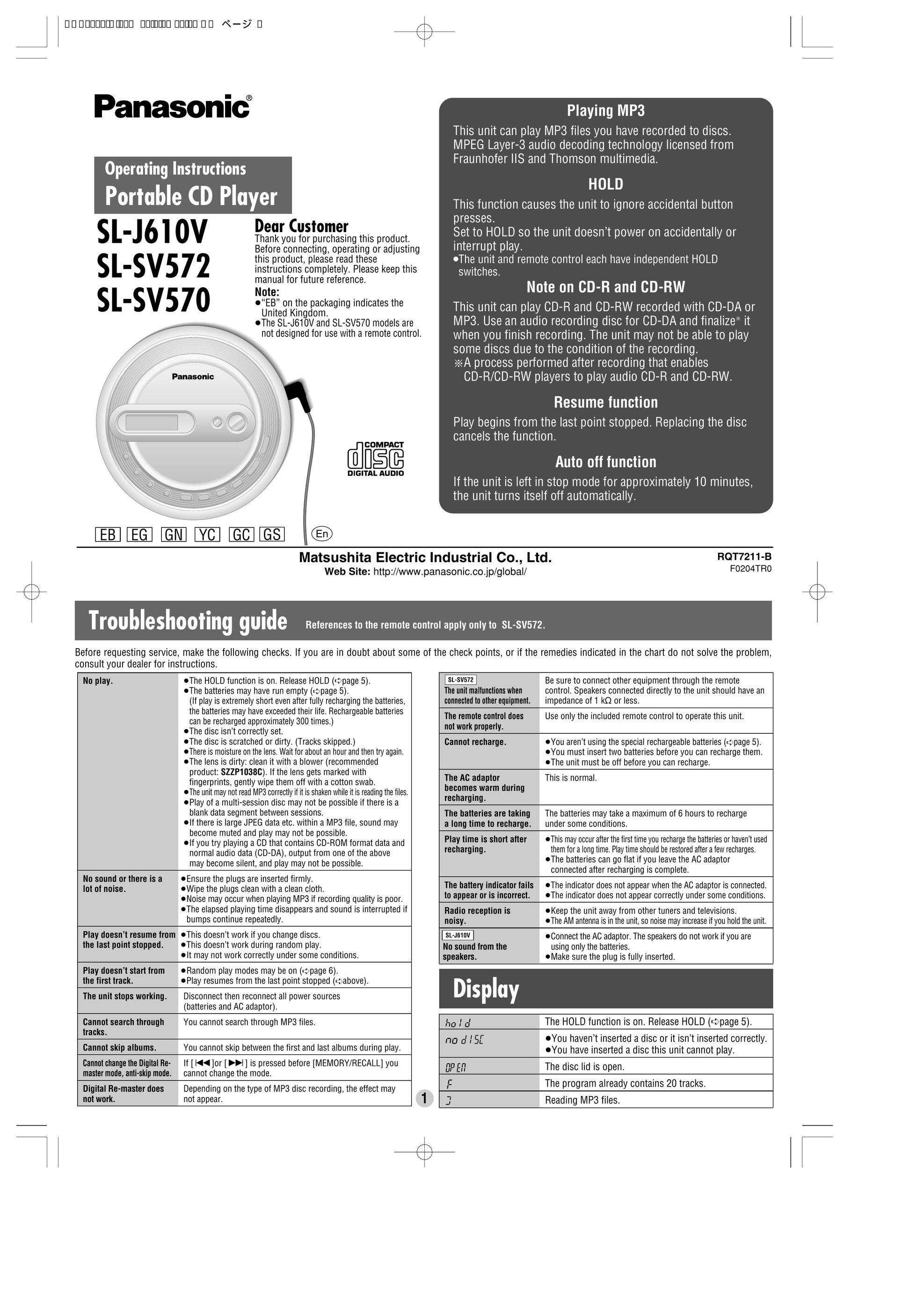 Panasonic SL-SV572 Portable CD Player User Manual