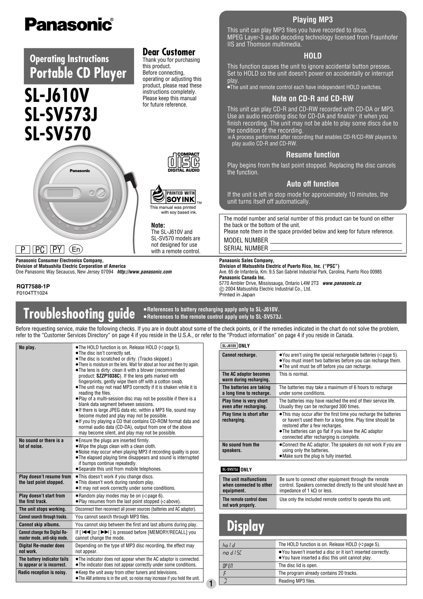 Panasonic SL-SV573J Portable CD Player User Manual