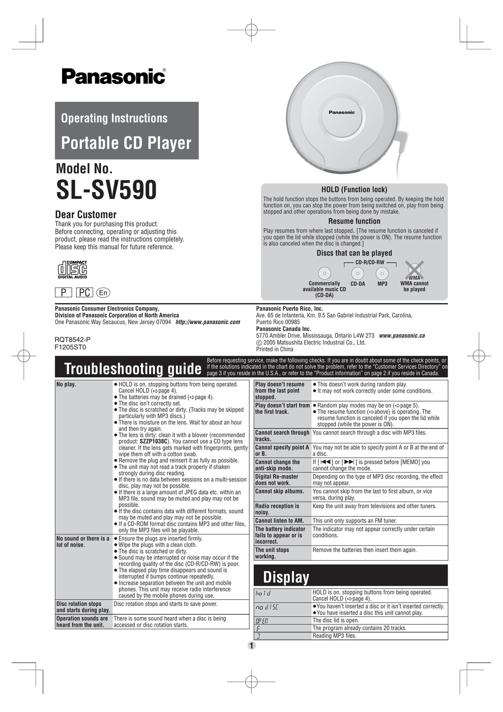 Panasonic SL-SV590 Portable CD Player User Manual